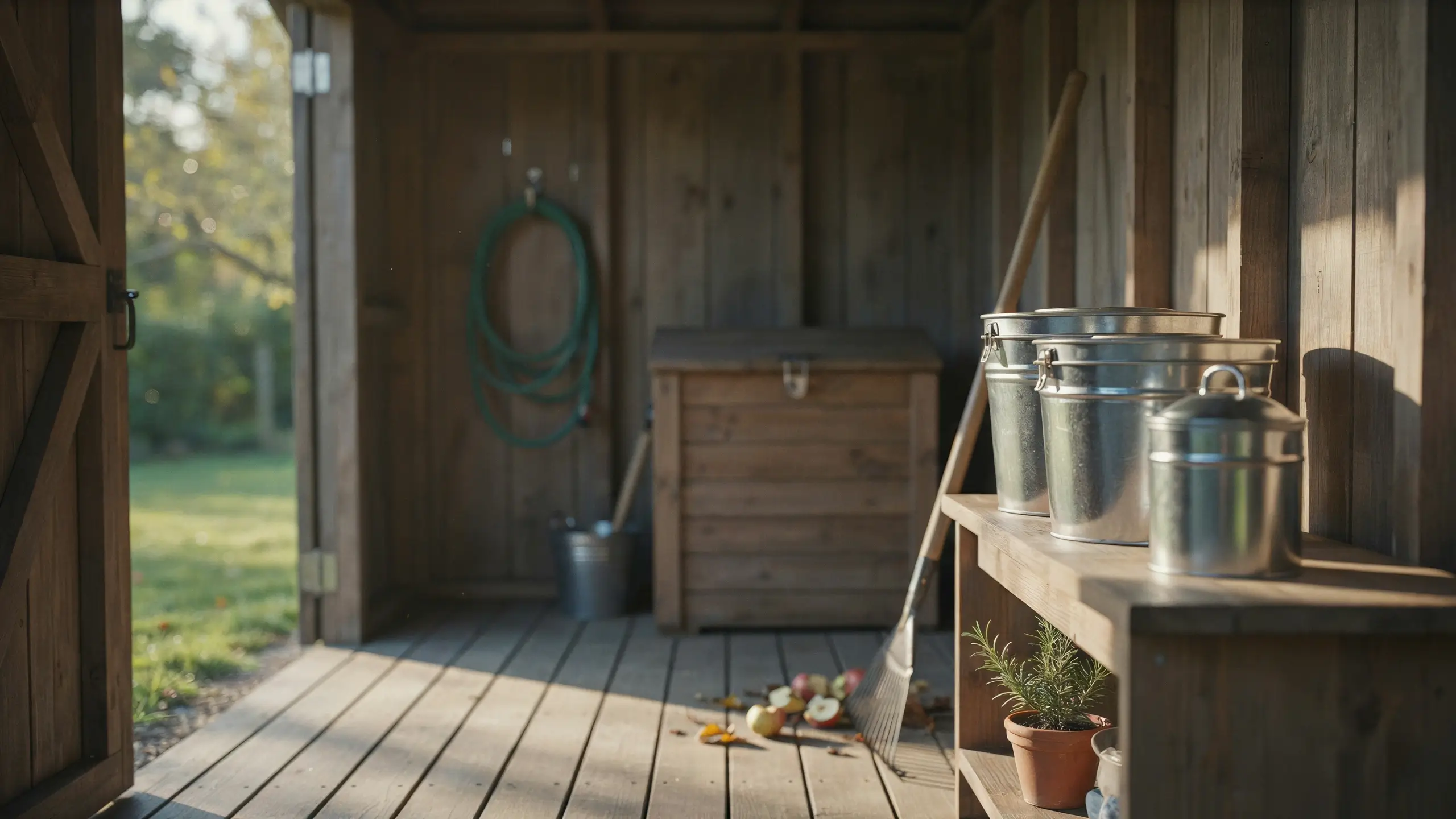 A cleanly organized wooden garden shed with metal storage buckets and a potted rosemary plant to naturally deter rodents, illustrating chemical-free pest control methods
