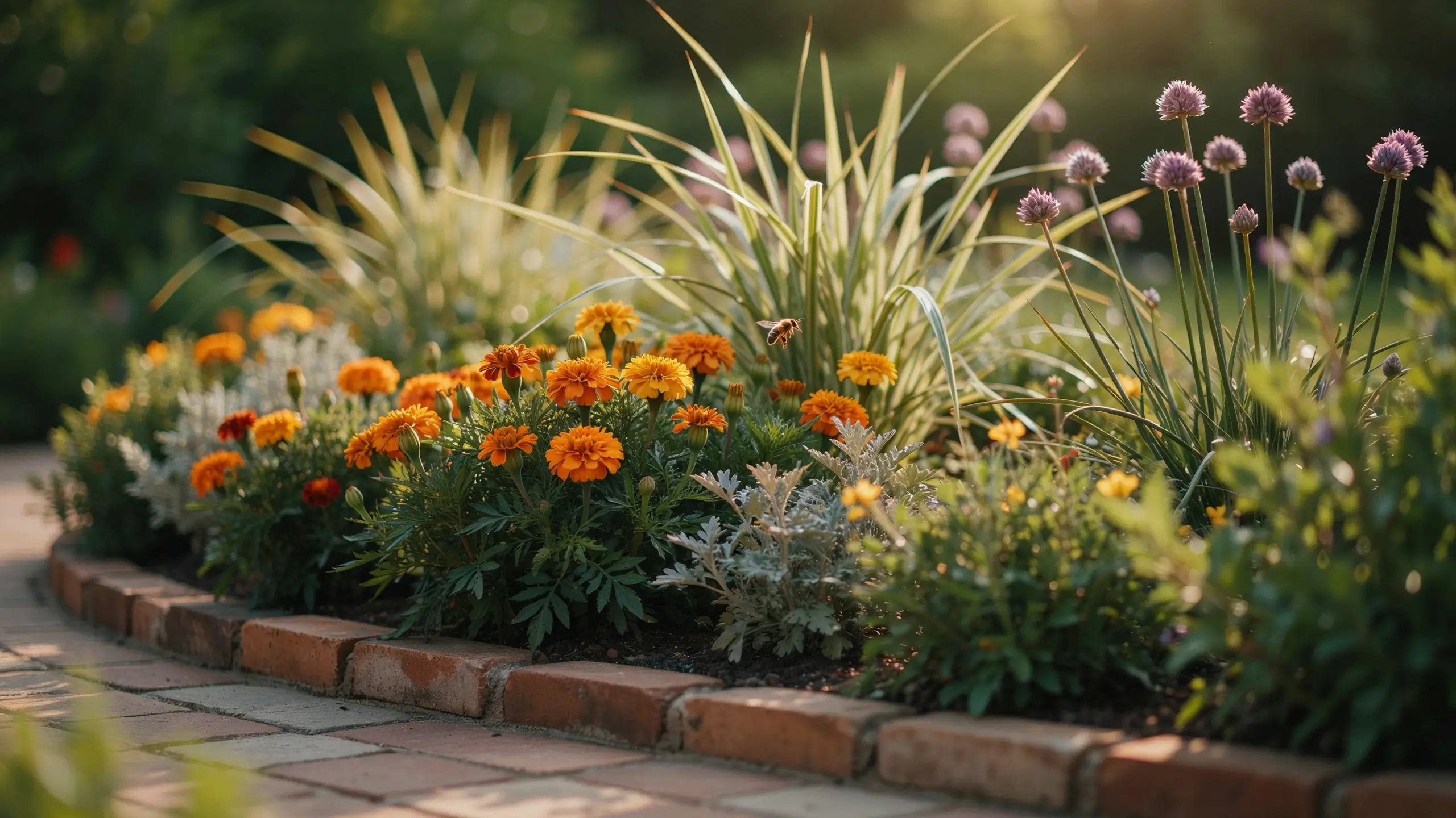 Bright orange marigolds and purple chive blossoms planted in a brick-edged garden bed, creating a natural snake-repelling border