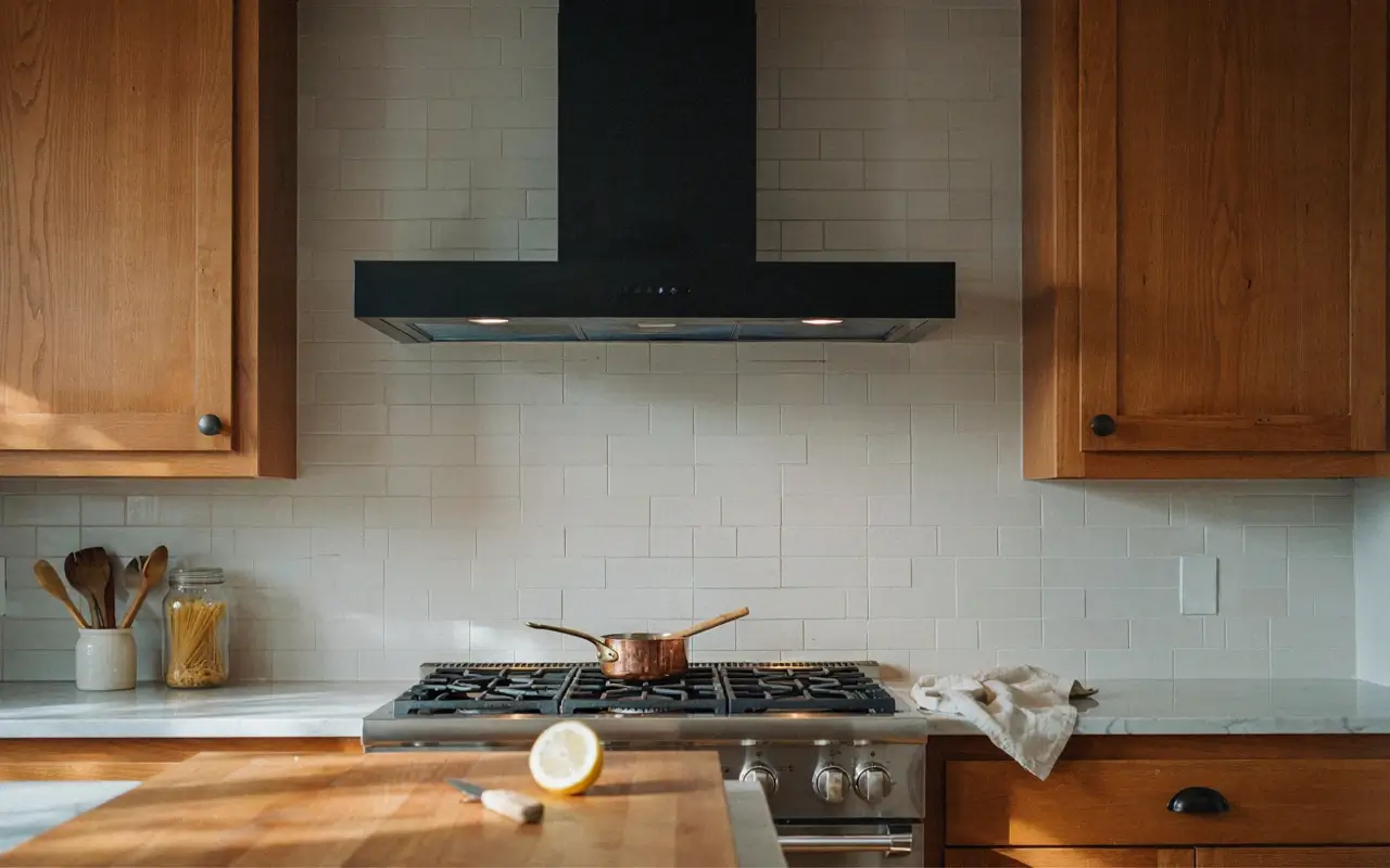 Natural wood kitchen with white tile backsplash, black vent hood, and matching dark cabinet hardware.