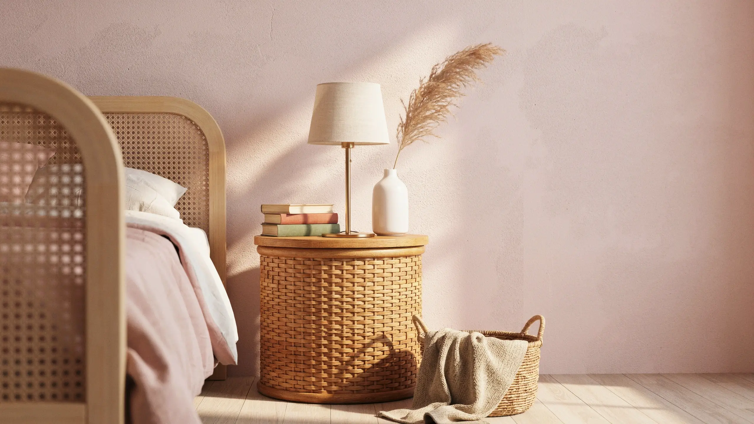 A boho-chic bedroom featuring a textured blush pink wall, a light oak and rattan woven bed frame, and a round wicker nightstand holding a gold-stemmed lamp, neutral books, and a ceramic vase filled with dried pampas grass, illuminated by soft morning sunlight casting geometric shadows.