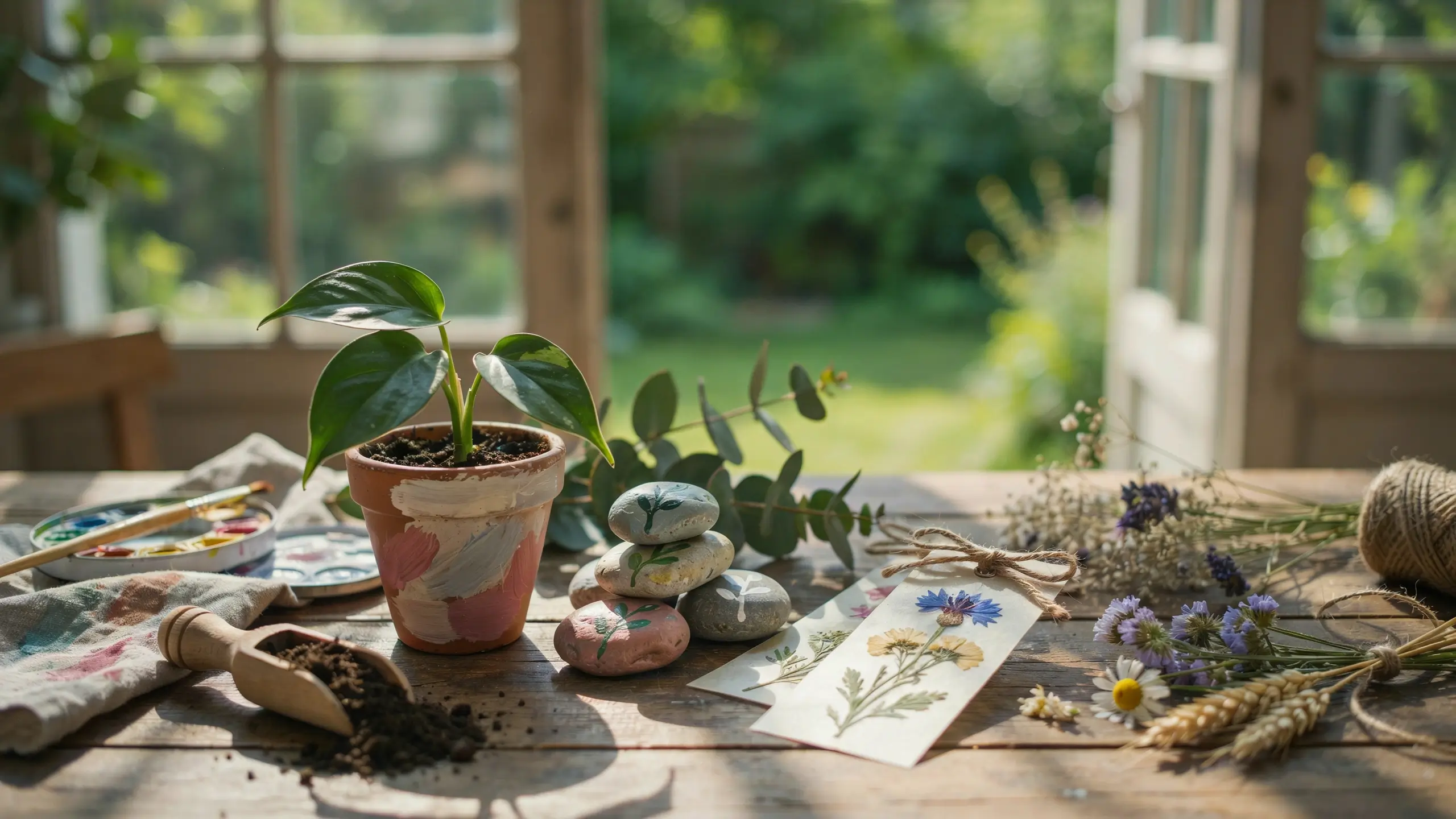 Handmade nature-made gifts with a painted plant pot, decorated stones, and pressed flower bookmarks.