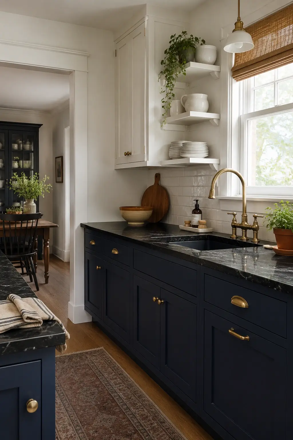 Navy lower kitchen cabinets with black granite countertops, brass faucet, white shelves, and warm window light