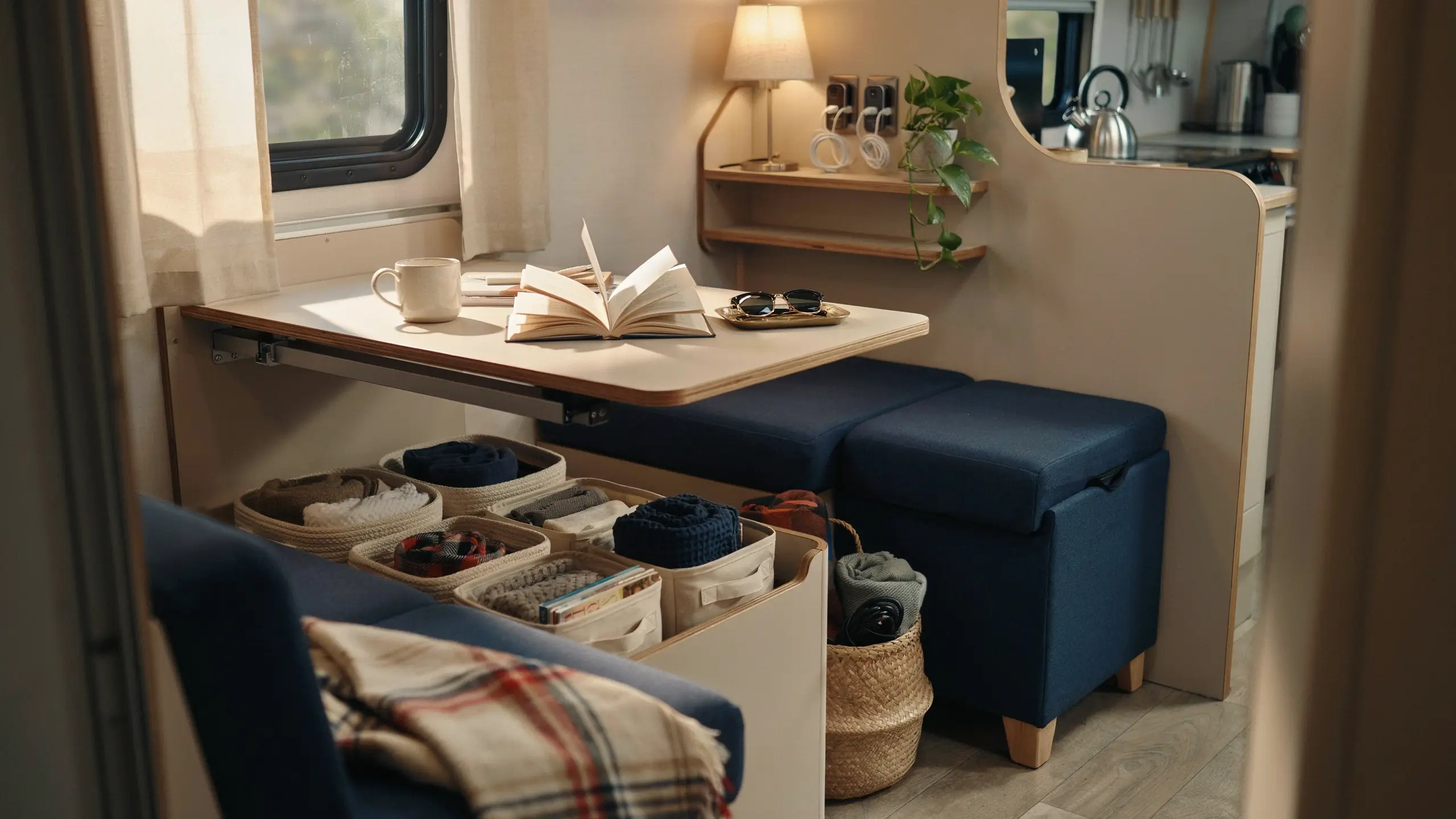"Navy blue storage ottomans and a drop-leaf folding table create a functional dining and reading nook inside a compact camper van, with woven baskets neatly storing blankets and clothing."
