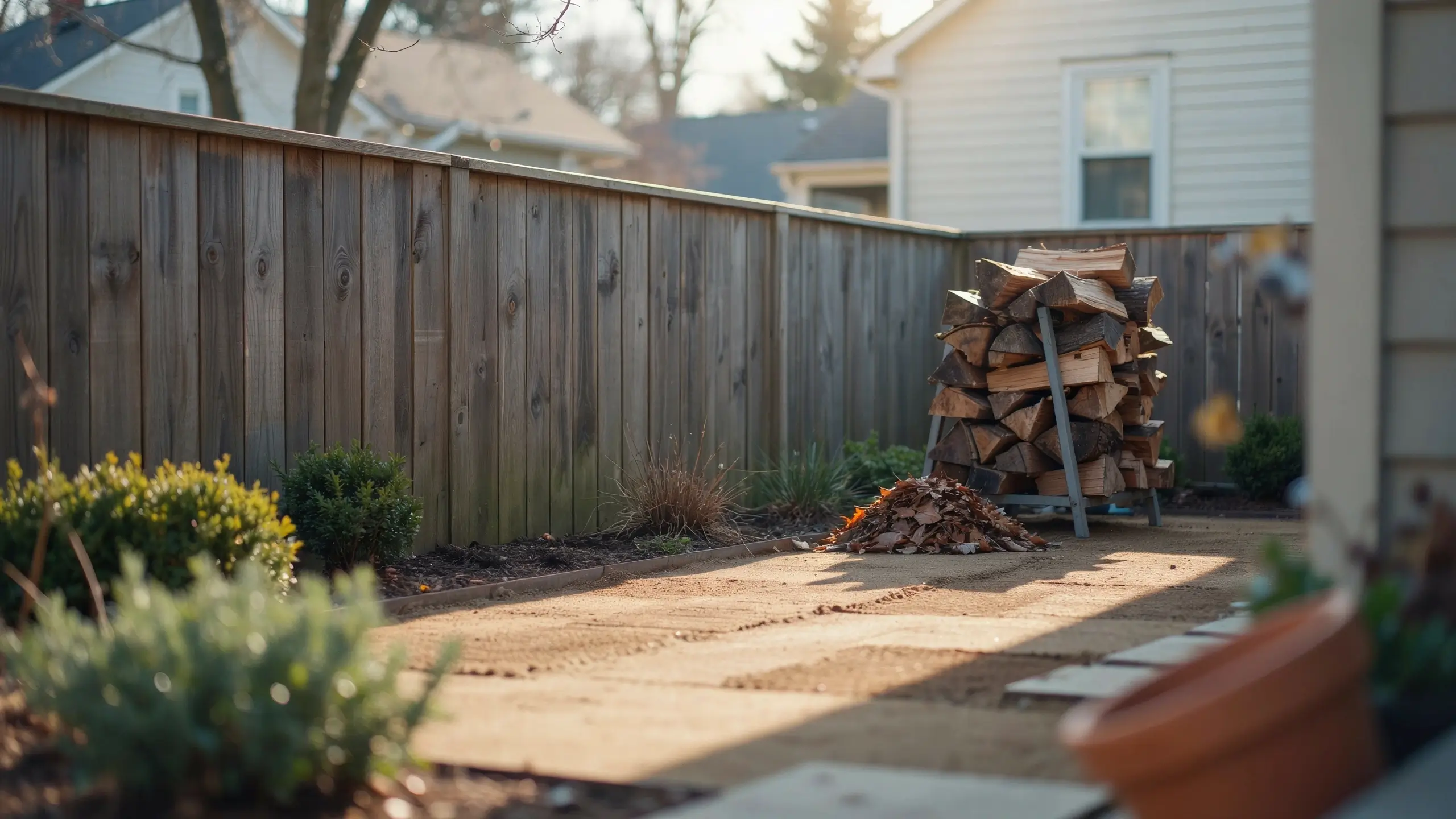 Neatly stacked firewood on a metal yard rack against a wooden fence, demonstrating proper brush and garden clutter clearance. 