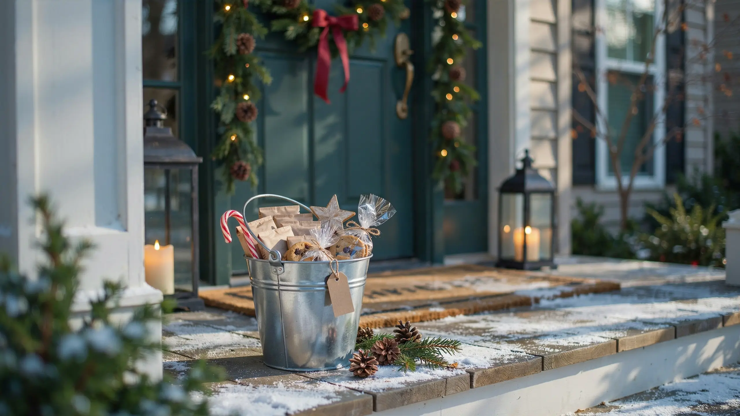 Christmas neighbor doorstep basket with cookies, candy canes, and treats in a metal pail.
