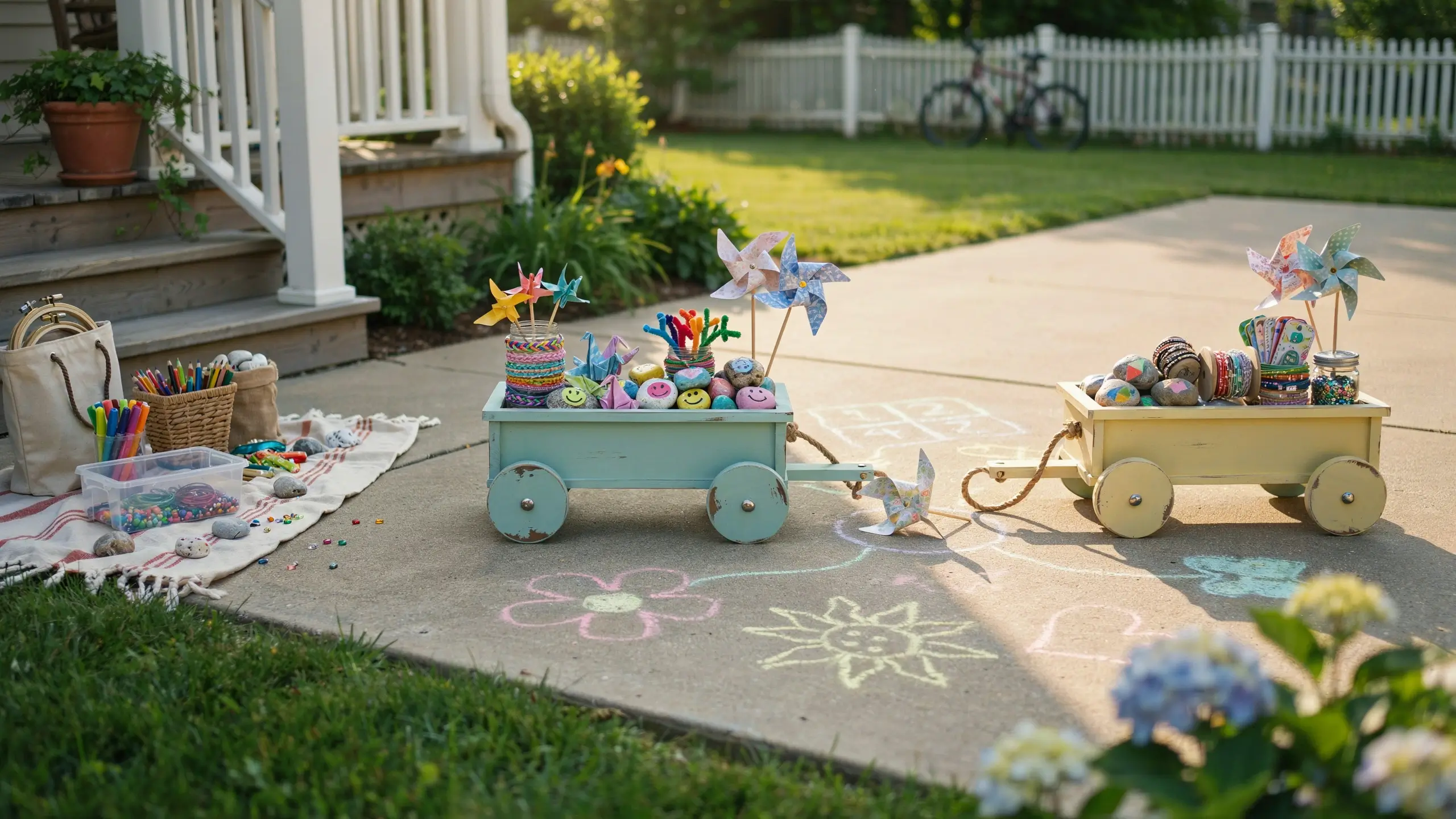 Teal and yellow wooden wagons filled with yarn, painted rocks, and pinwheels set up for a neighborhood kids craft swap on a sunny patio.