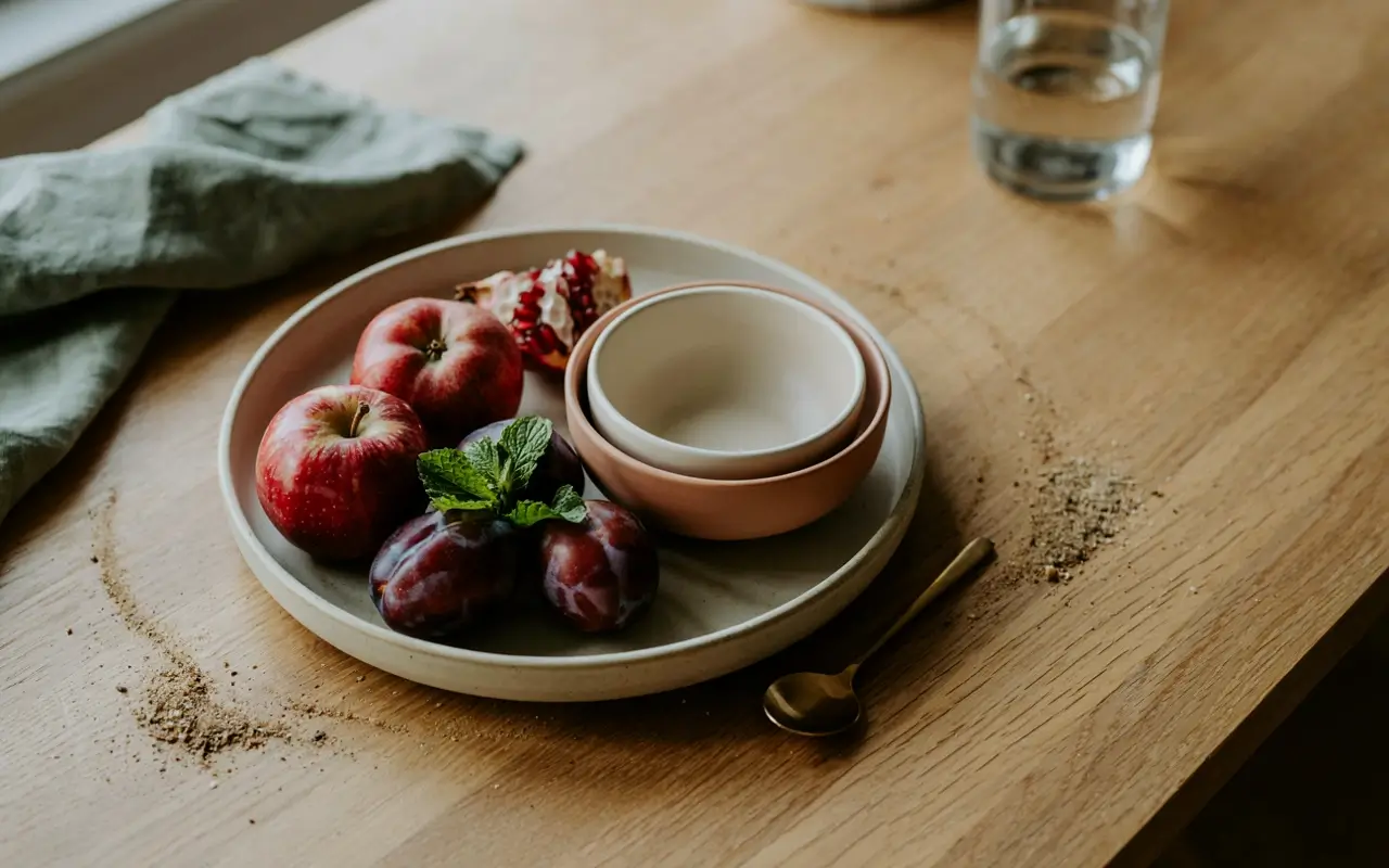 Three nesting ceramic bowls styled on a fruit tray with apples, plums, and mint on a wooden dining table.