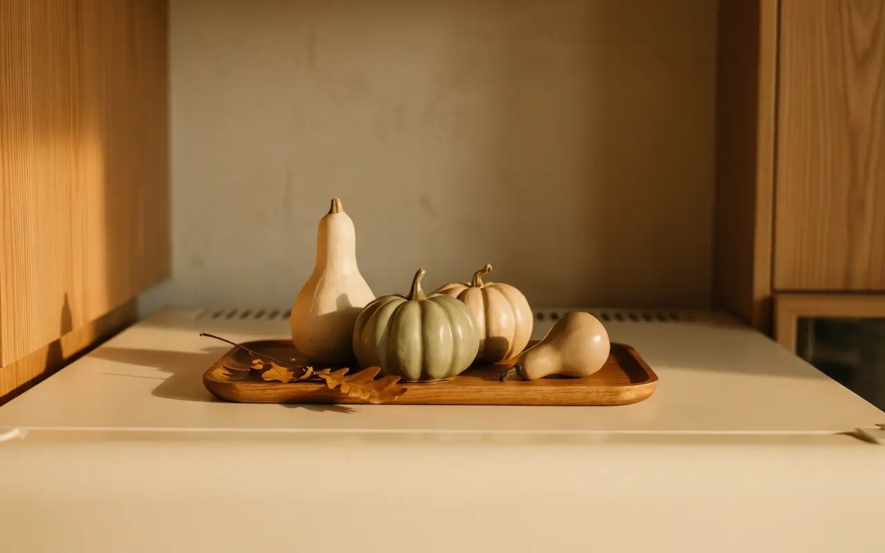 Neutral ceramic pumpkins and gourds on a wooden tray above a refrigerator for warm fall kitchen decor.