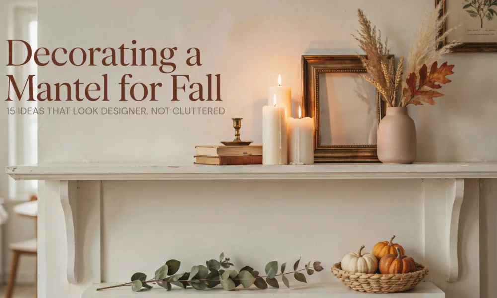 White fireplace mantel styled for fall with lit pillar candles, brass accents, stacked books, dried pampas grass, and a woven basket of heirloom pumpkins.