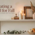 Decorating a Mantel for Fall: 15 Ideas That Look Designer, Not Cluttered White fireplace mantel styled for fall with lit pillar candles, brass accents, stacked books, dried pampas grass, and a woven basket of heirloom pumpkins.