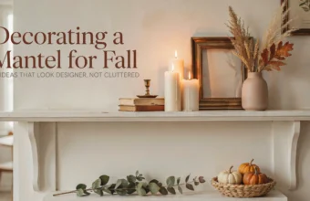 White fireplace mantel styled for fall with lit pillar candles, brass accents, stacked books, dried pampas grass, and a woven basket of heirloom pumpkins.