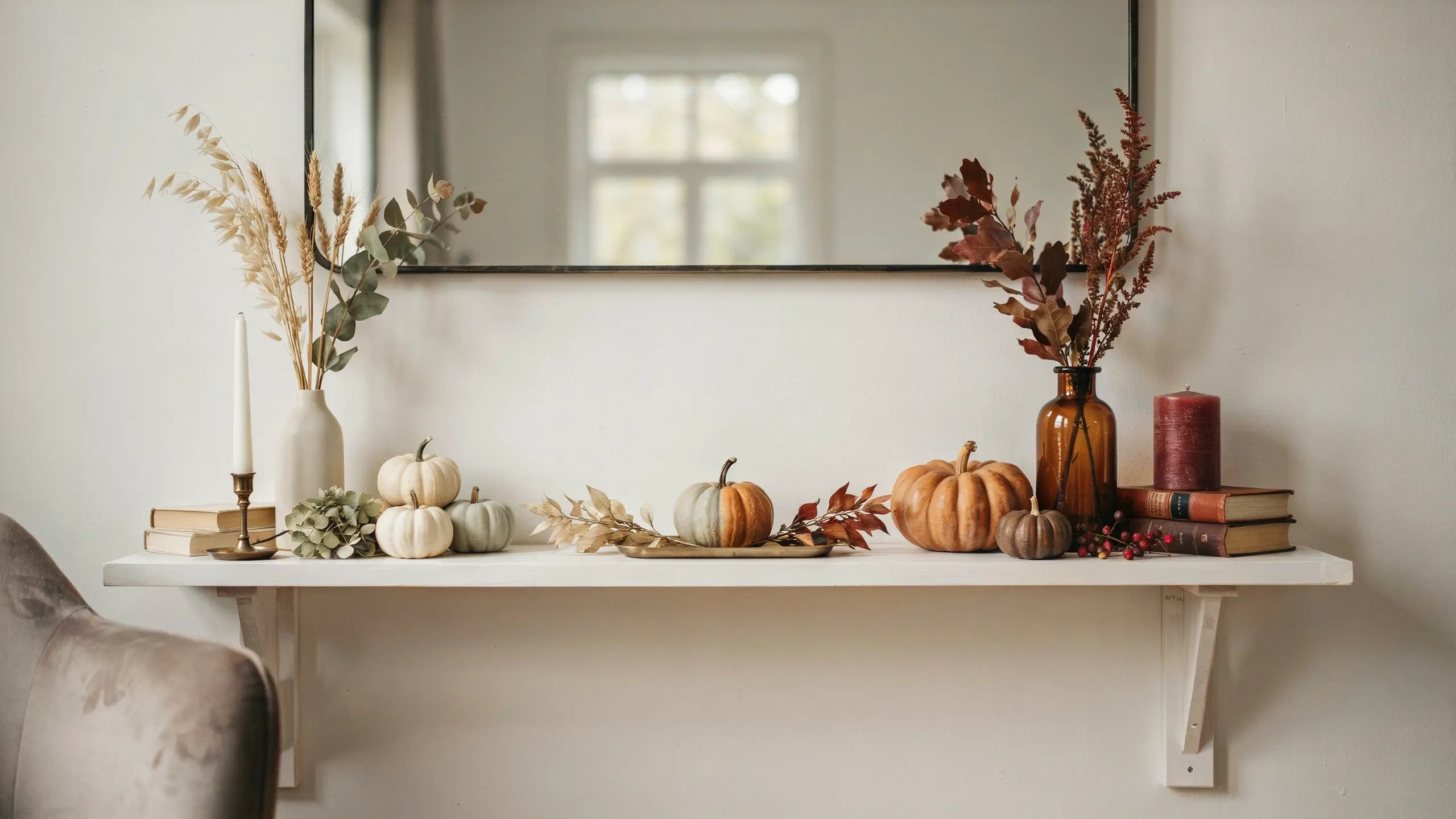 neutral-fall-shelf-decor-heirloom-pumpkins-dried-botanicals