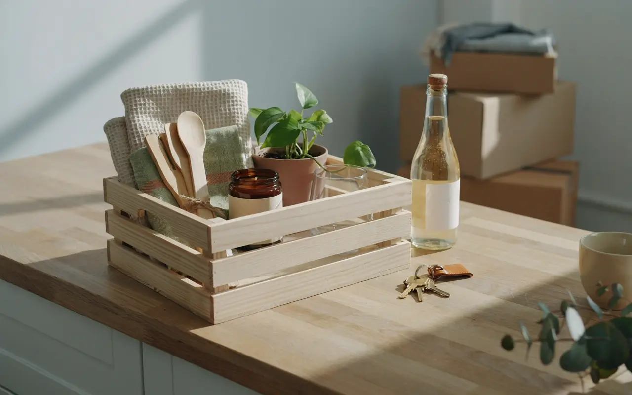 New homeowner gift basket with kitchen towels, utensils, candle, plant, glasses and a bottle in a wooden crate.