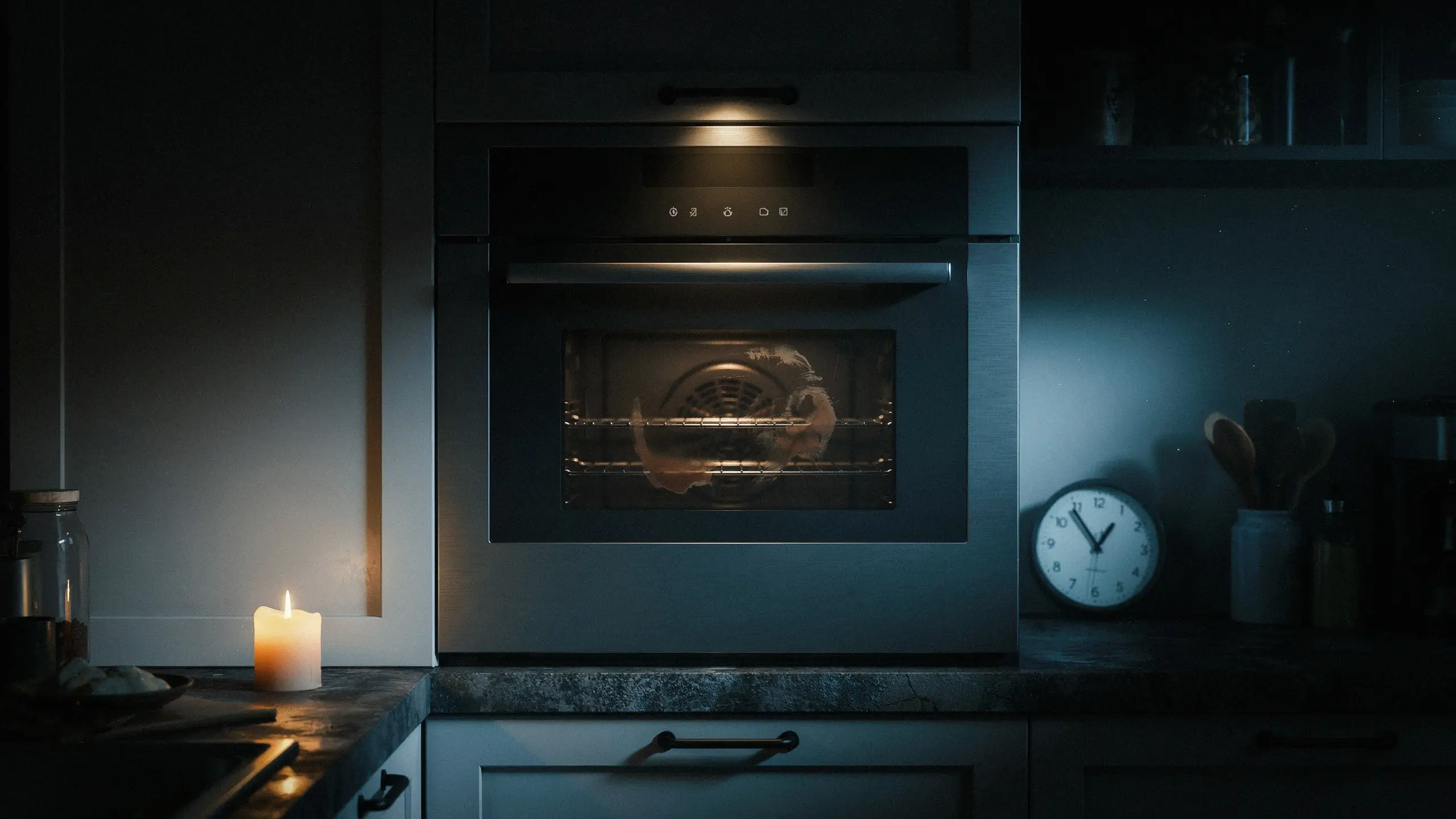 A moody nighttime kitchen scene with a modern stainless steel oven glowing with interior light, a lit candle on the left counter, and a wall clock showing late evening, implying the kitchen is prepped for letting baked goods sit and rest overnight.