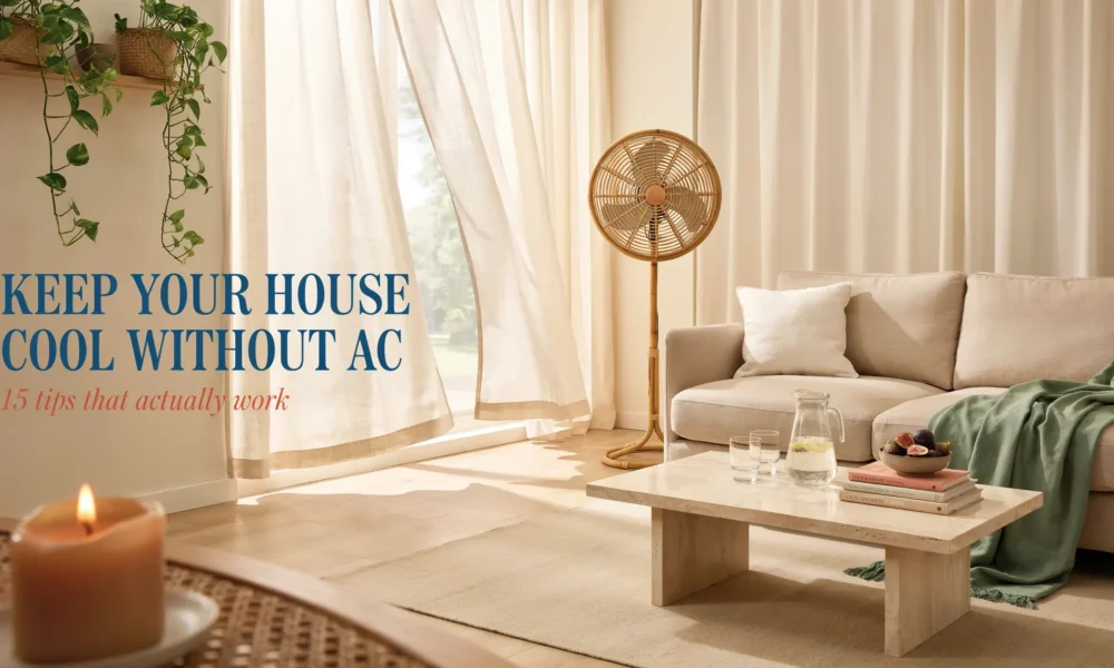 Bright airy living room with rattan fan, beige sofa, and water pitcher featuring text overlay "Keep Your House Cool Without AC" for summer tips.