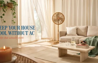 Bright airy living room with rattan fan, beige sofa, and water pitcher featuring text overlay "Keep Your House Cool Without AC" for summer tips.