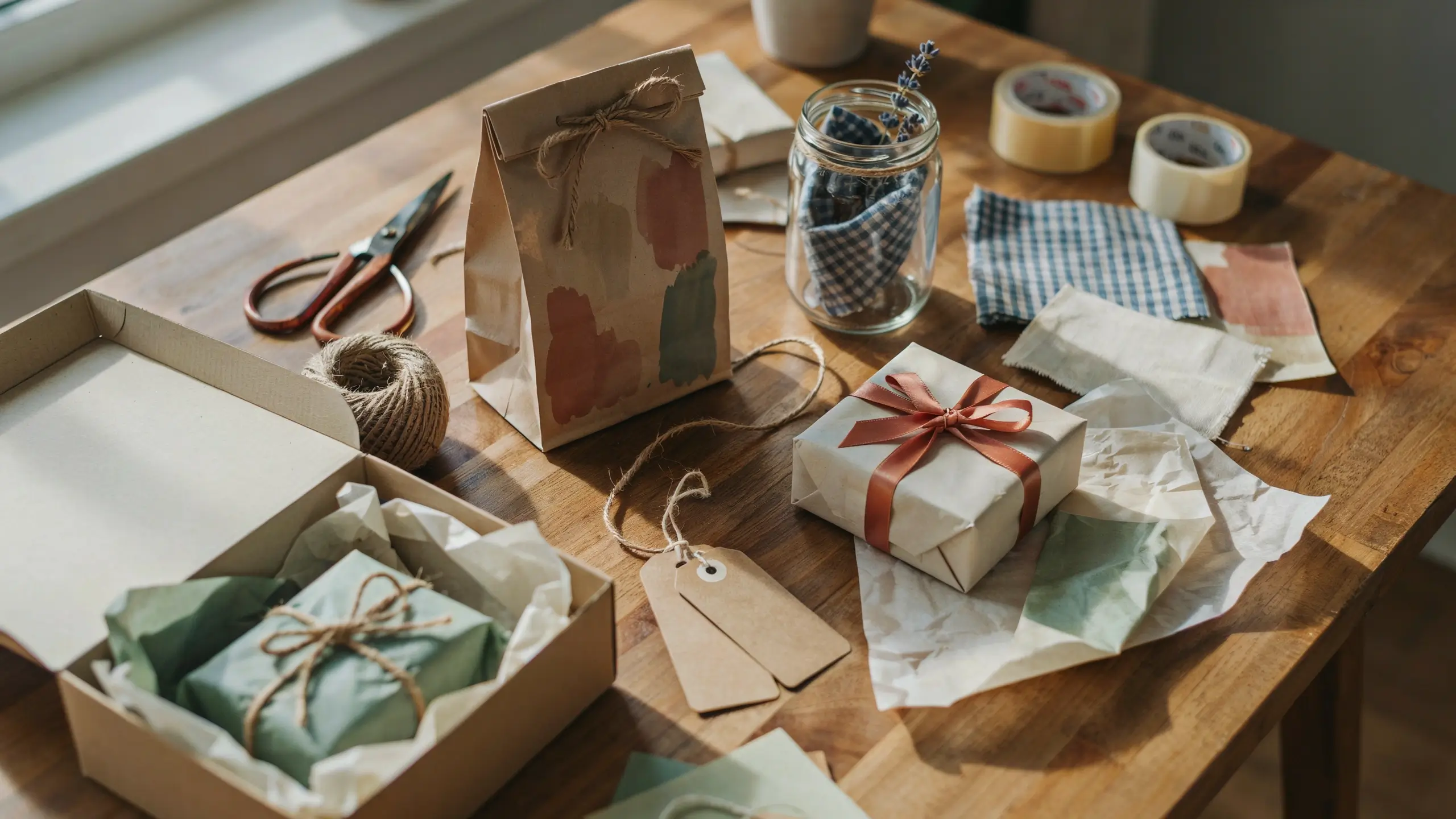 Handmade teacher gifts packaged with reused paper, fabric scraps, twine, and cardboard tags.
