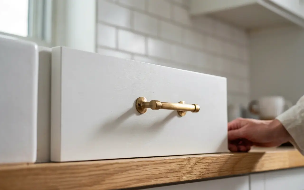 Brushed brass cabinet pull on a white kitchen drawer for a no-drill hardware update.