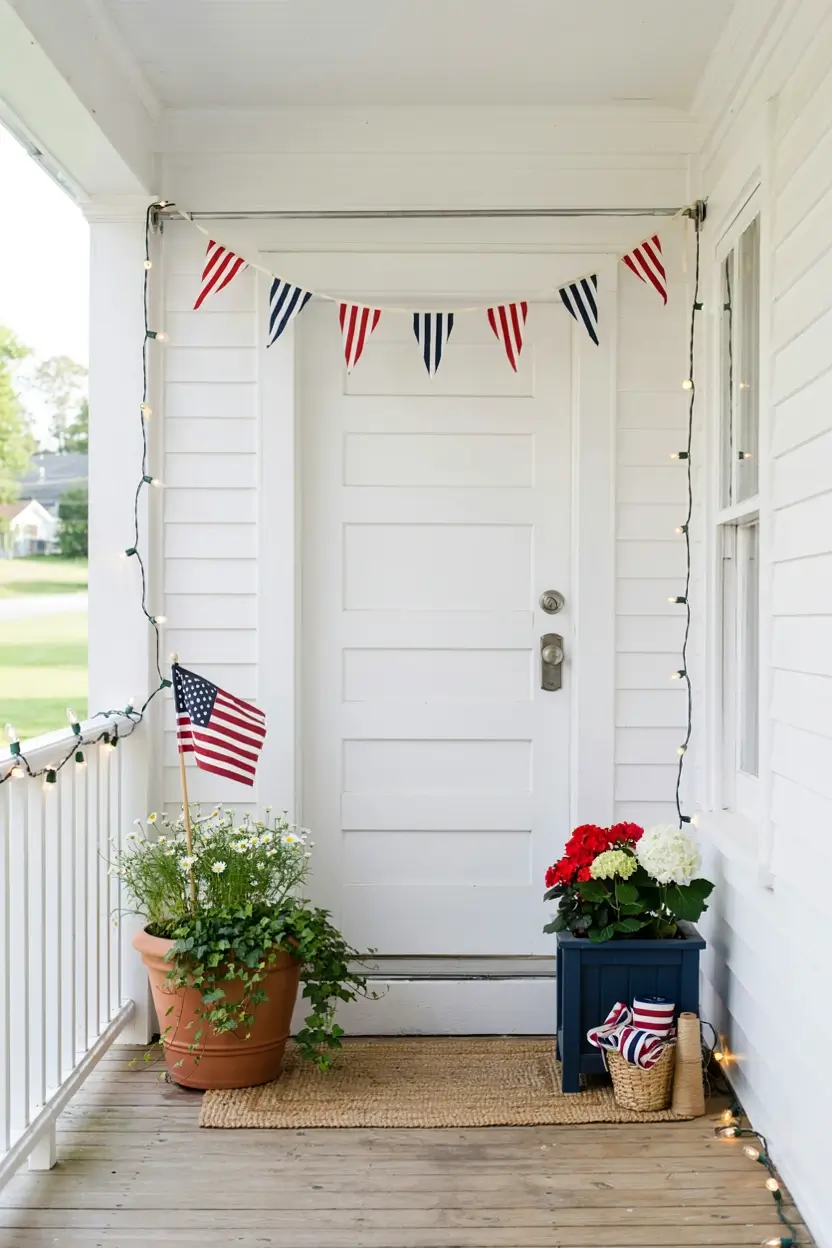 No-drill patriotic porch decor with bunting, string lights, potted flowers, and an American flag.
