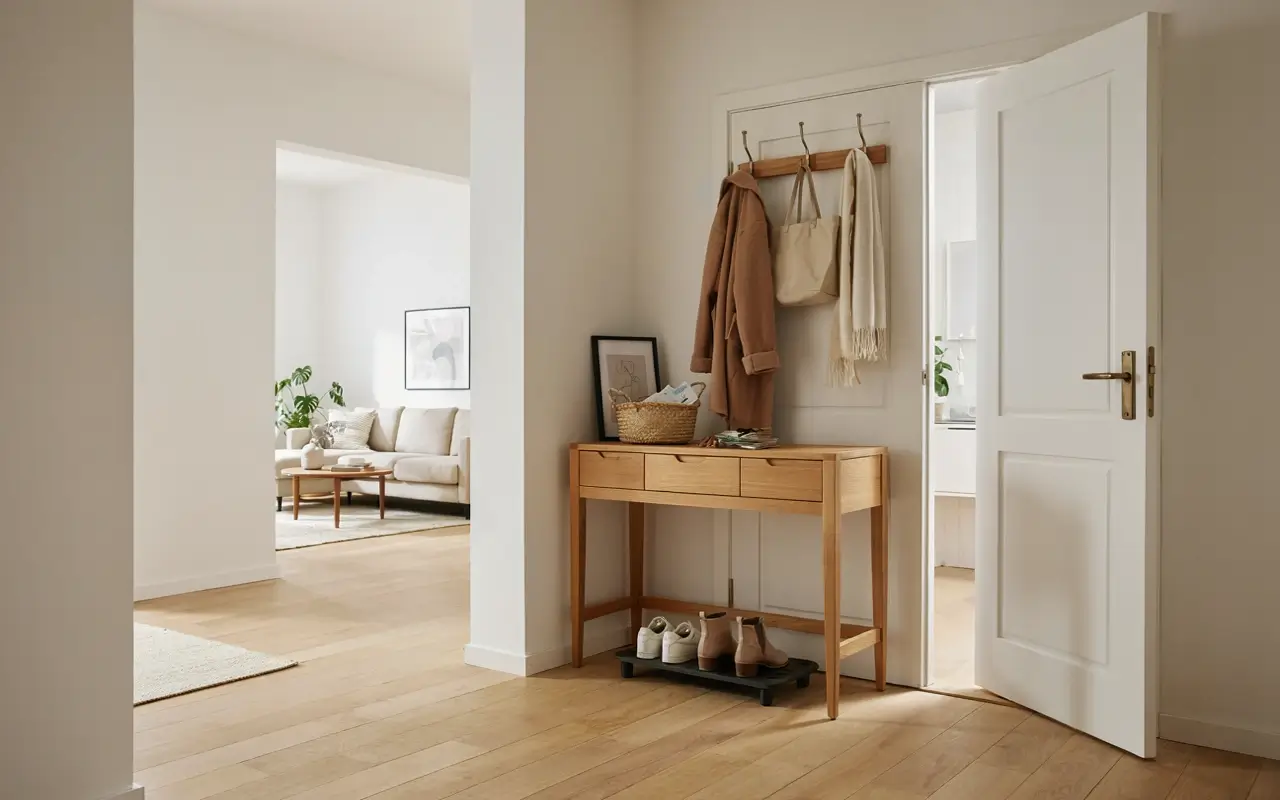 Small apartment entryway with wall hooks, console table, baskets, and shoe tray as a no-mudroom storage fix.