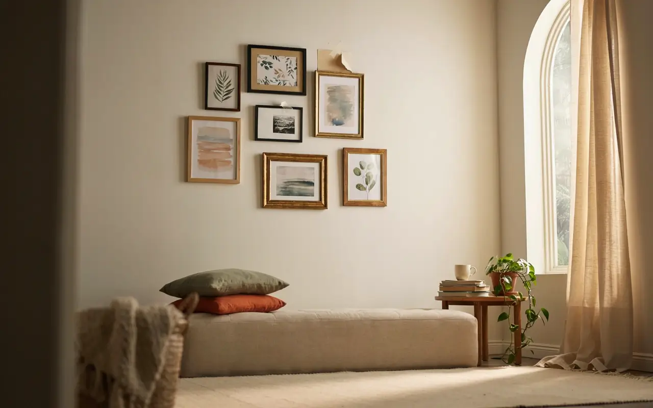 No-nail gallery wall above a daybed using Command strips in a renter-friendly room