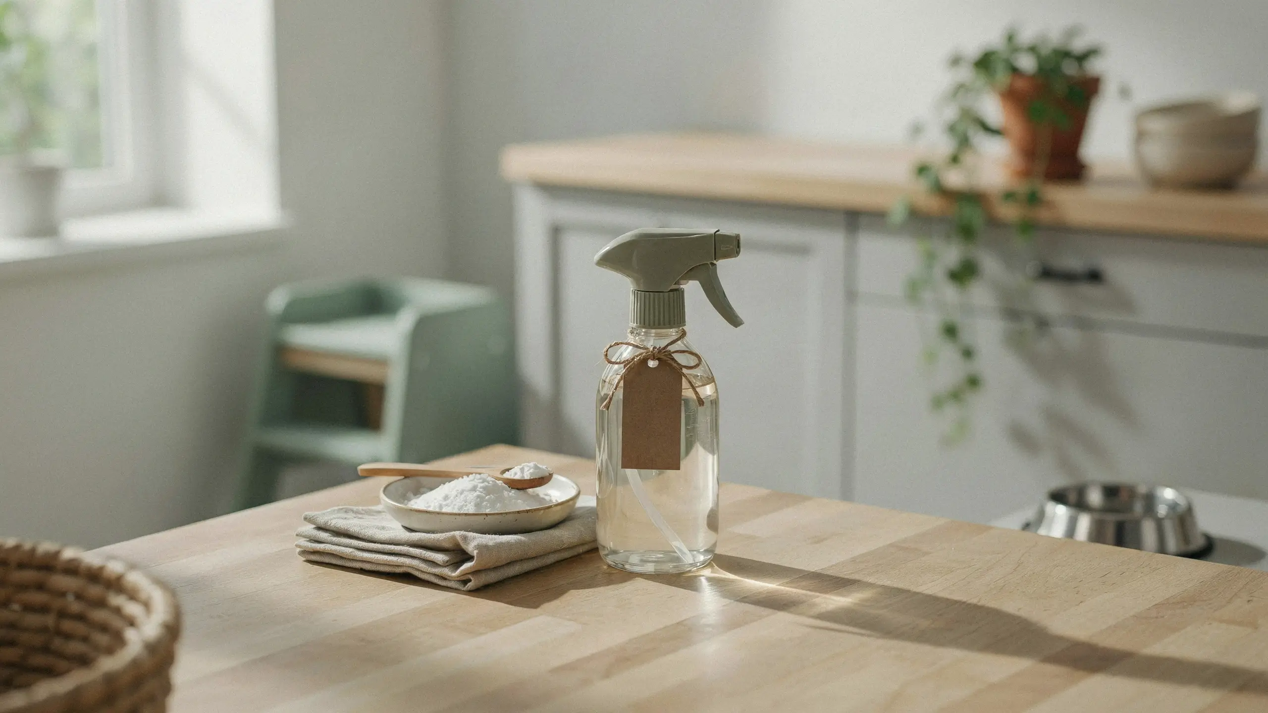 Clear glass spray bottle with baking soda and wooden spoon on a sunlit kitchen counter, symbolizing safe non-toxic cleaning swaps for homes with kids and pets.
