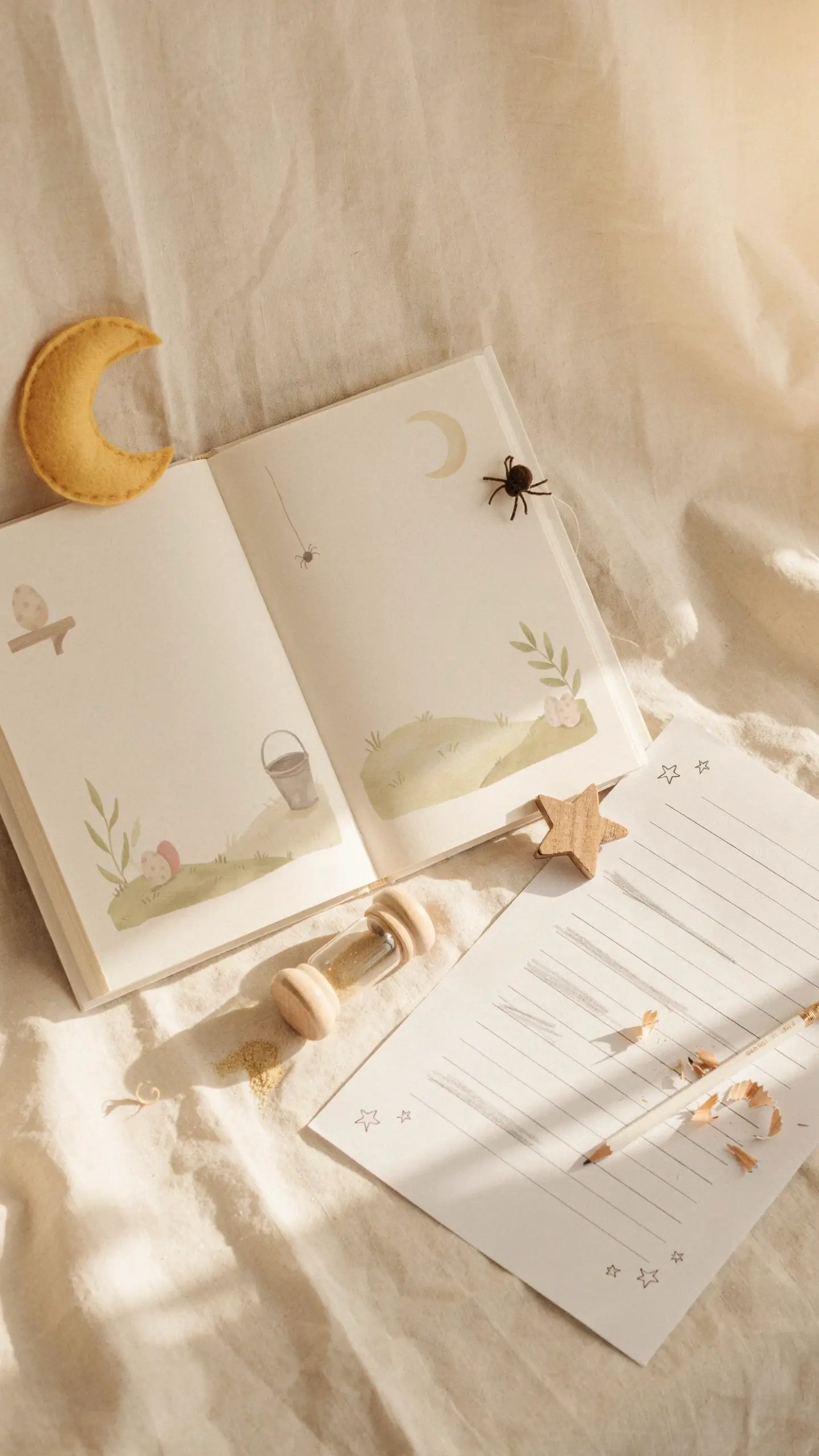 Open children's book showing Itsy Bitsy Spider rhyme with toy spider, wooden star, and moon figurine on beige fabric. 