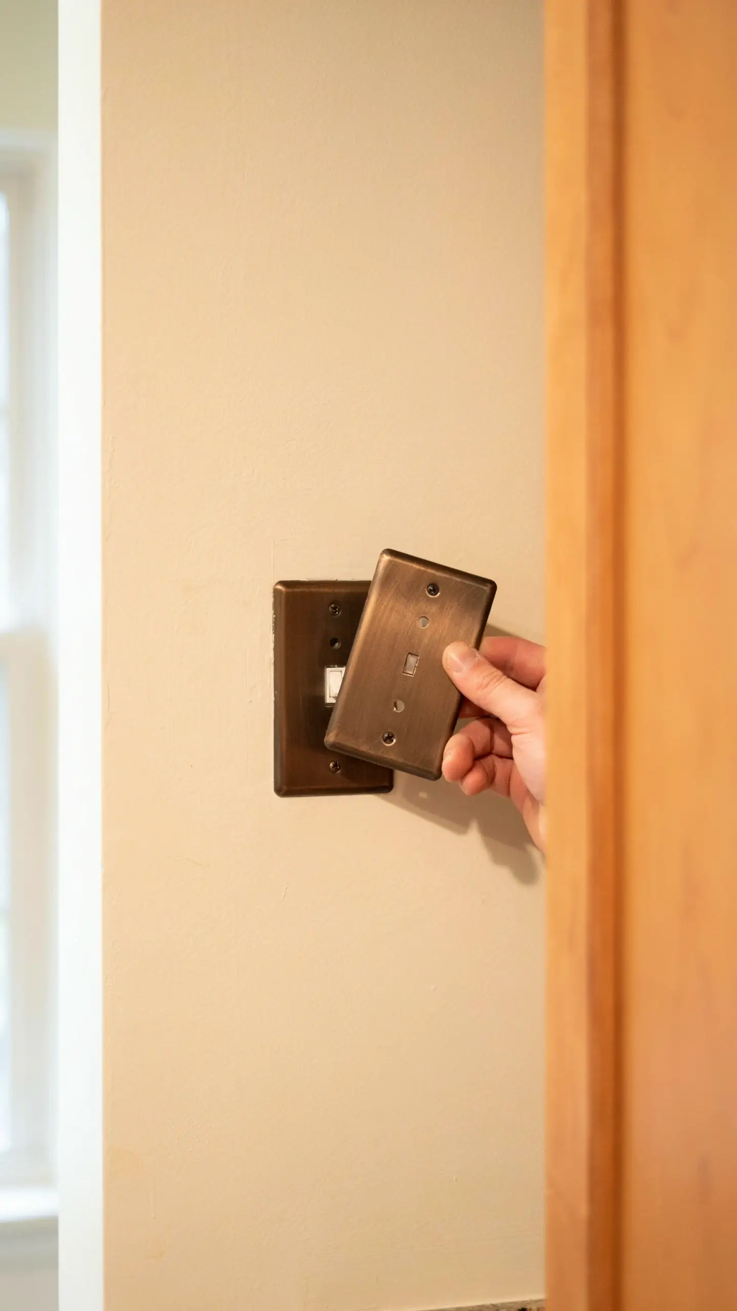 Hand installing an oil-rubbed bronze switch plate cover over a wall light switch.