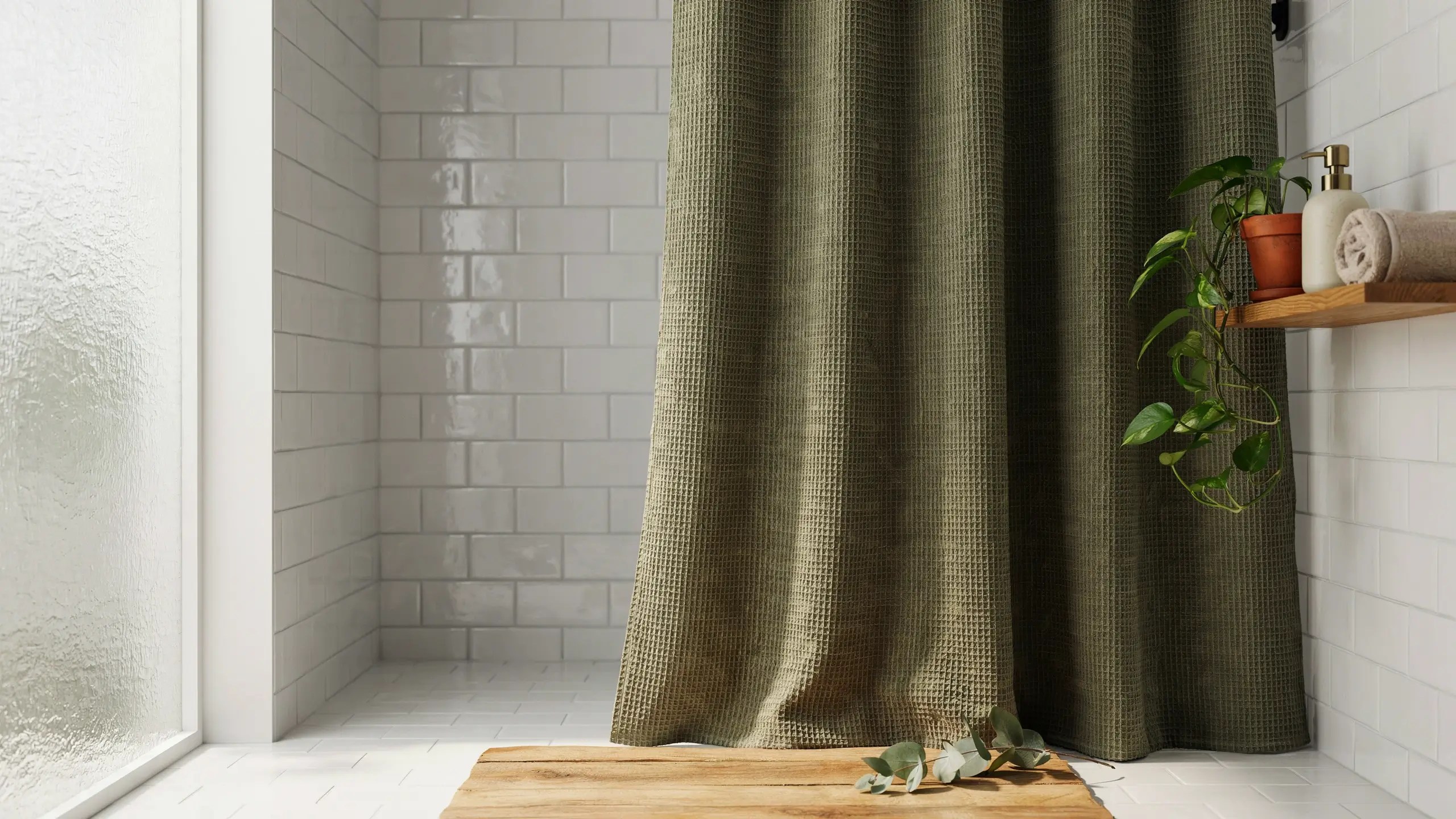 A textured olive green waffle-weave shower curtain in a warm, earthy tone hanging in a modern bathroom with white subway tiles, a wooden bath mat, and a spa-like plant arrangement
