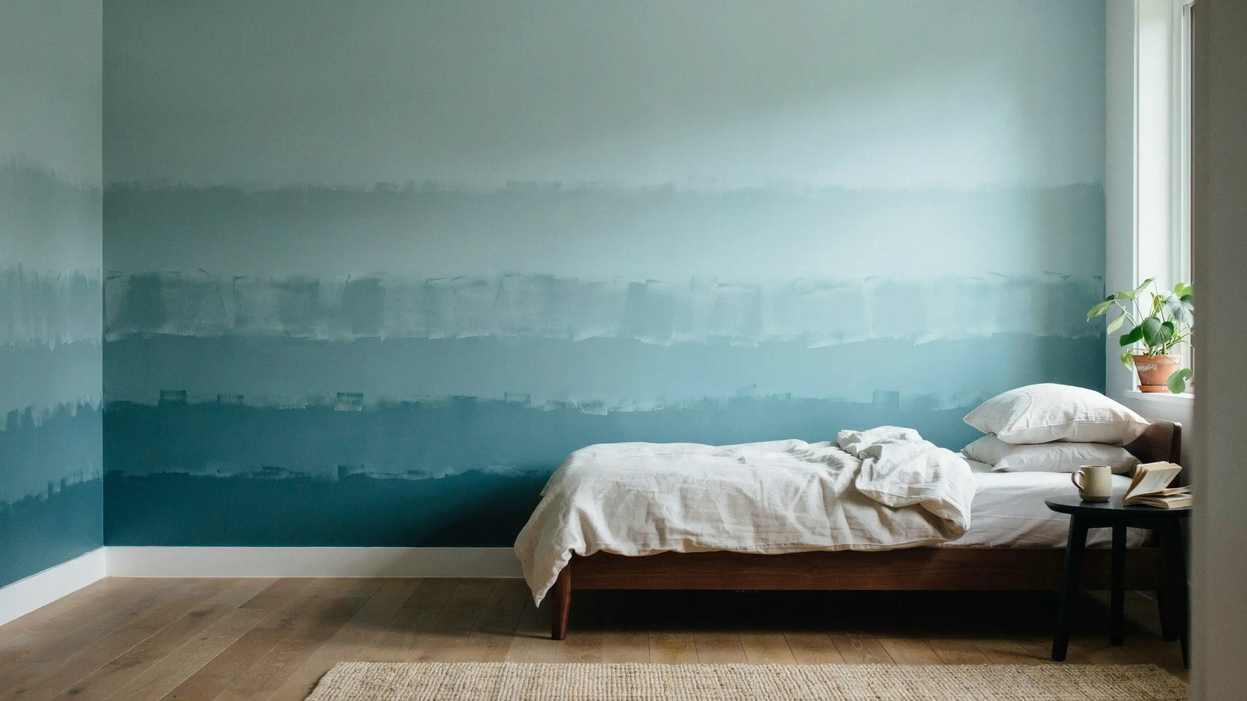 Minimalist bedroom featuring a hand-painted blue ombré wall effect, a wooden platform bed with crisp white linen bedding, and a potted pothos plant near a sunlit window.