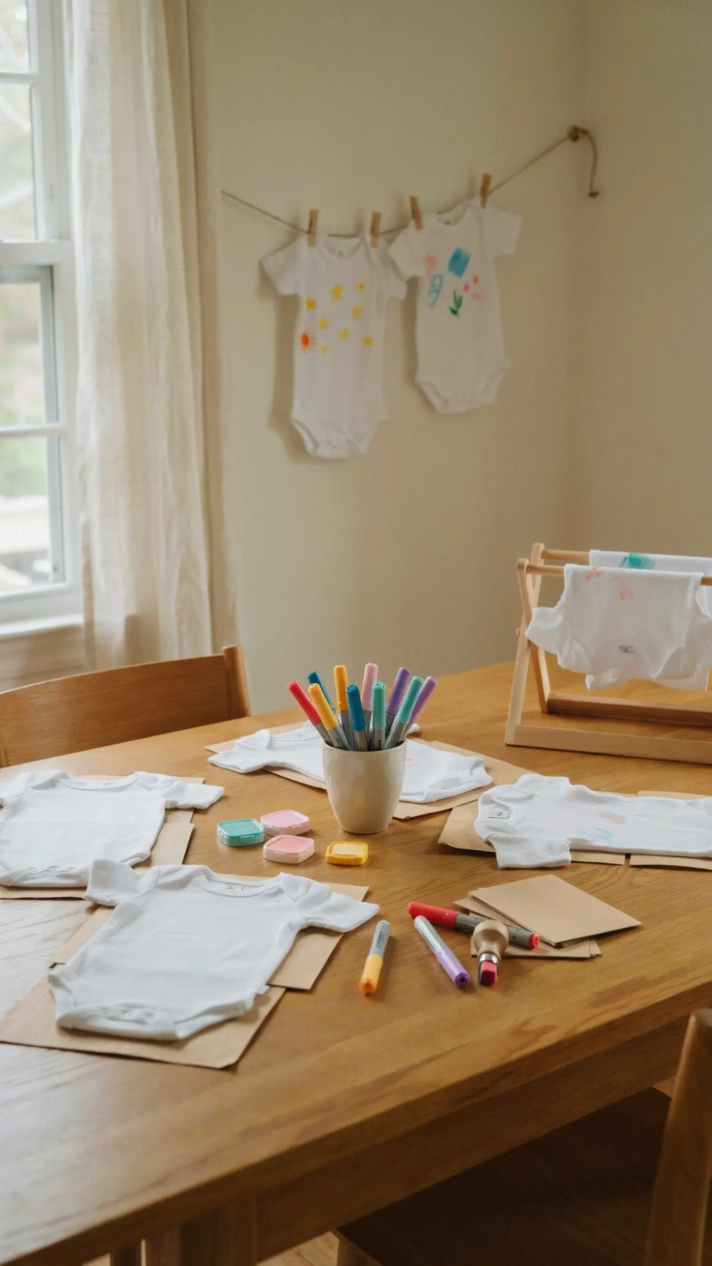 Wooden table setup for a onesie decorating station featuring fabric markers, stamps, and white baby bodysuits for a baby shower craft activity. 