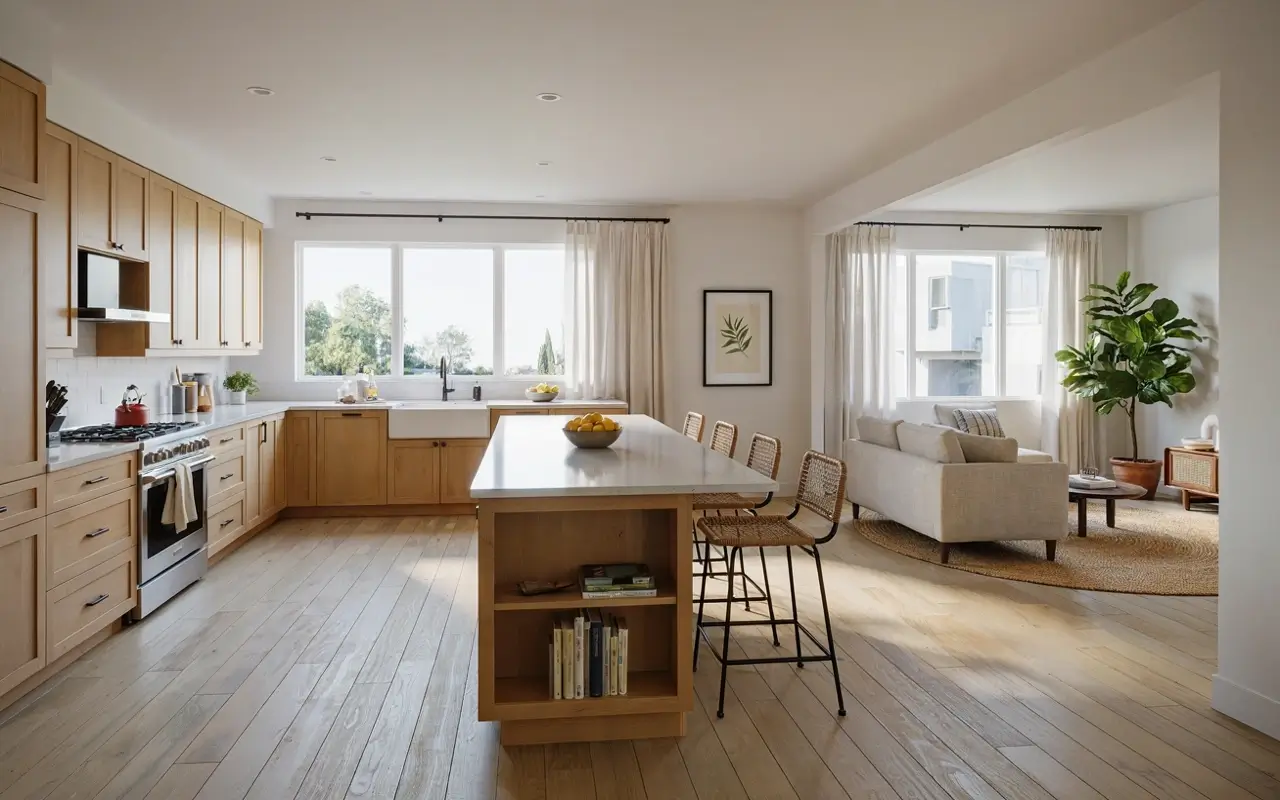 Open-concept L-shaped kitchen with wood island dividing the kitchen and bright living room.