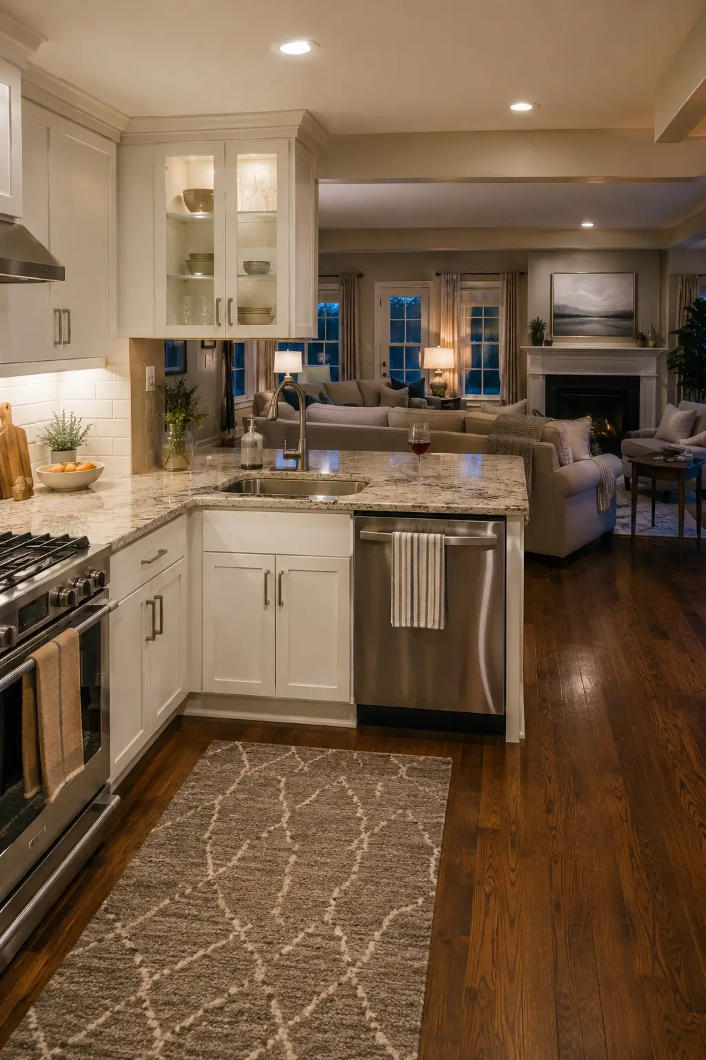 Open-concept L-shaped kitchen with white island, warm lighting, and coordinated living room accents.