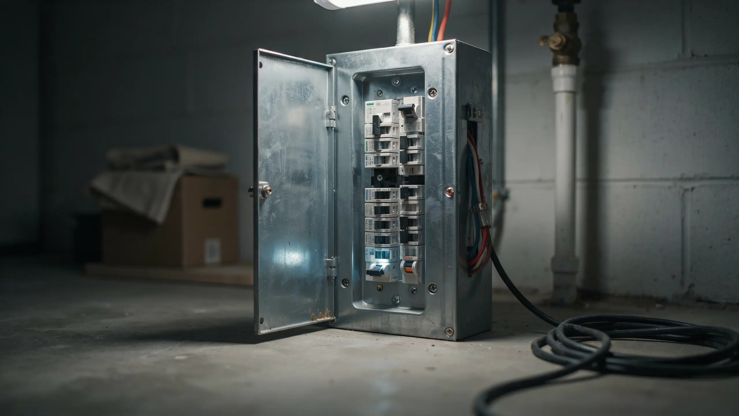 Open galvanized steel breaker panel showing circuit switches on concrete floor