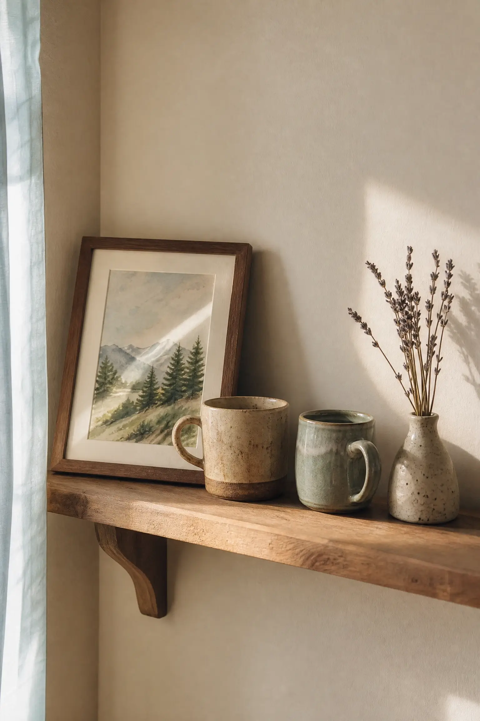 A sunny, minimalist open wooden shelf styled with two mismatched ceramic mugs, a leaning framed watercolor painting of mountains and pine trees, and a small speckled vase holding dried lavender branches