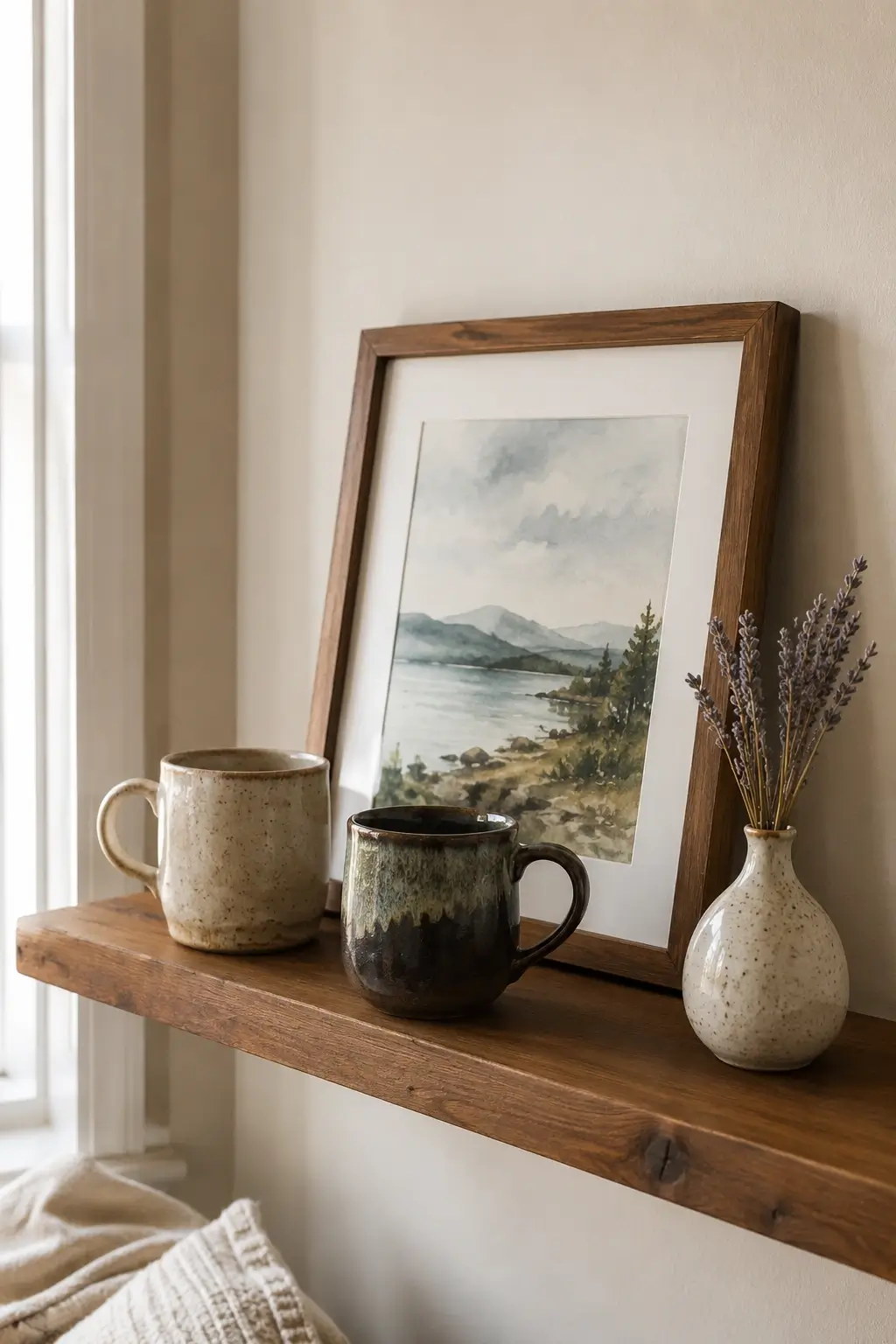 Wooden open shelf styled with mismatched ceramic mugs, leaning landscape art, and dried lavender.