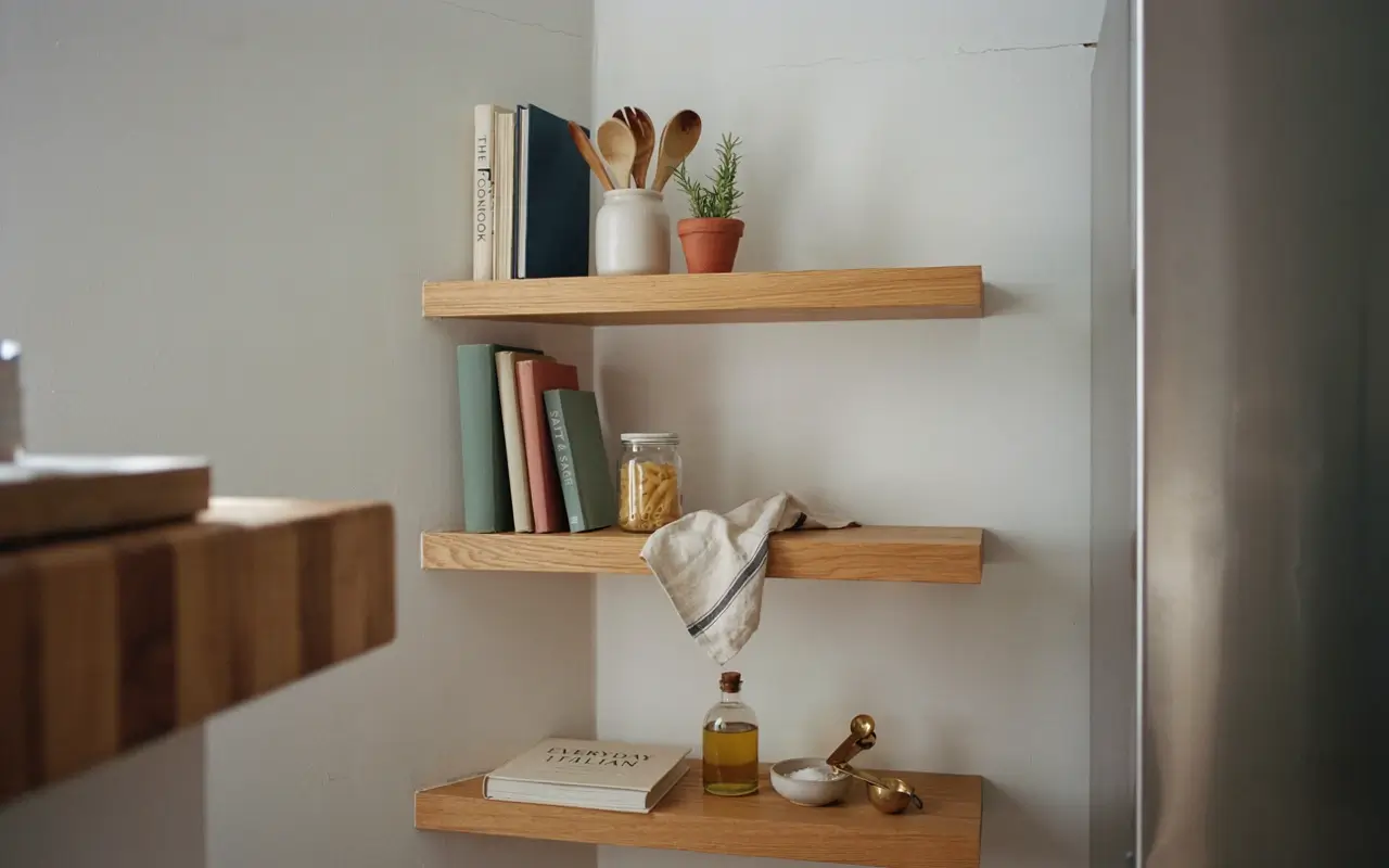 Wood floating kitchen shelves beside a fridge styled with cookbooks, utensils, herbs, jars, and oil.