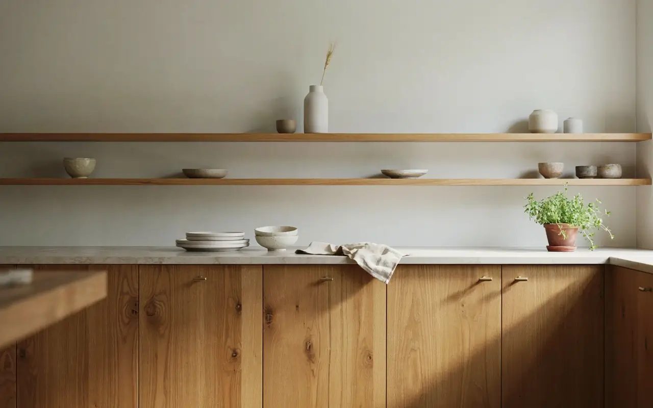 Open wood shelves above hickory kitchen cabinets with simple ceramics, a plant, and light stone countertop.
