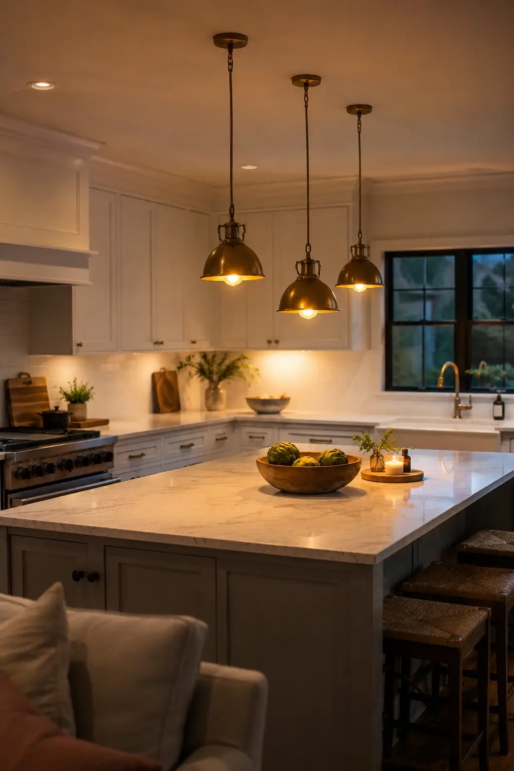 Kitchen island with brass pendant lights and open end storage for bowls near the stove.