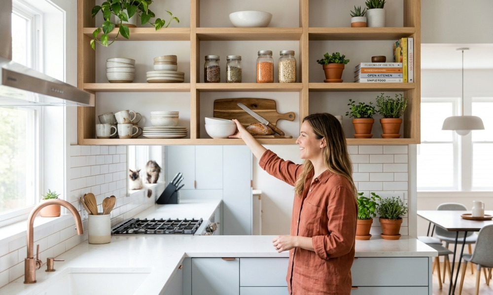 Woman reaches for a bowl on open wood kitchen shelves with dishes, spice jars, plants and white subway tile