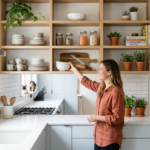 Woman reaches for a bowl on open wood kitchen shelves with dishes, spice jars, plants and white subway tile