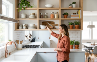 Woman reaches for a bowl on open wood kitchen shelves with dishes, spice jars, plants and white subway tile