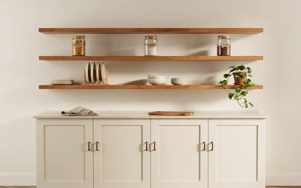 Open wood shelves above closed cream kitchen cabinets with brass pulls, jars, dishes, and a trailing plant.