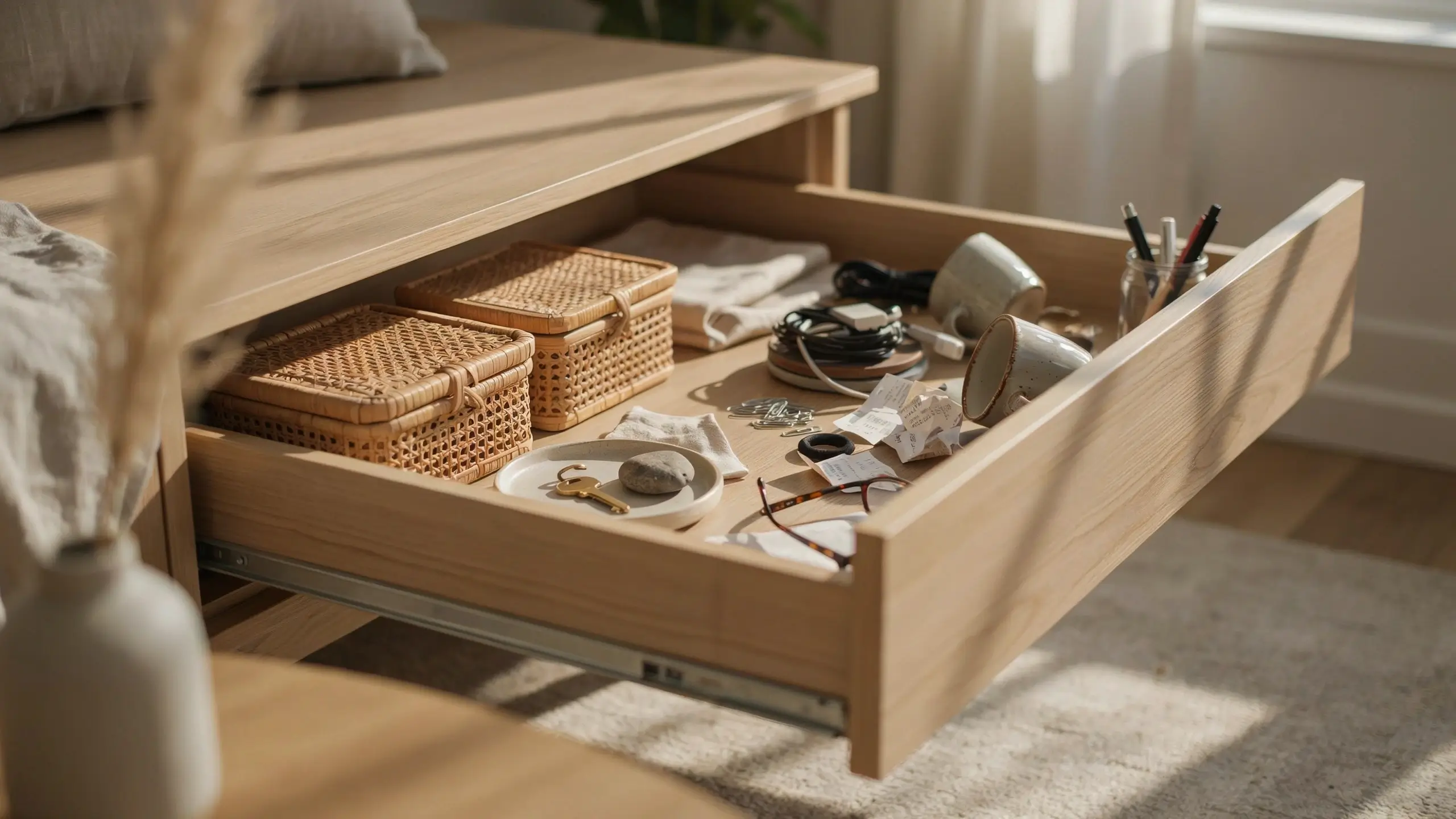 Light oak wooden drawer open to reveal woven storage baskets, tangled electronic cords, receipts, a white ceramic mug, a pen jar, and a small dish holding keys in a sunny bedroom.