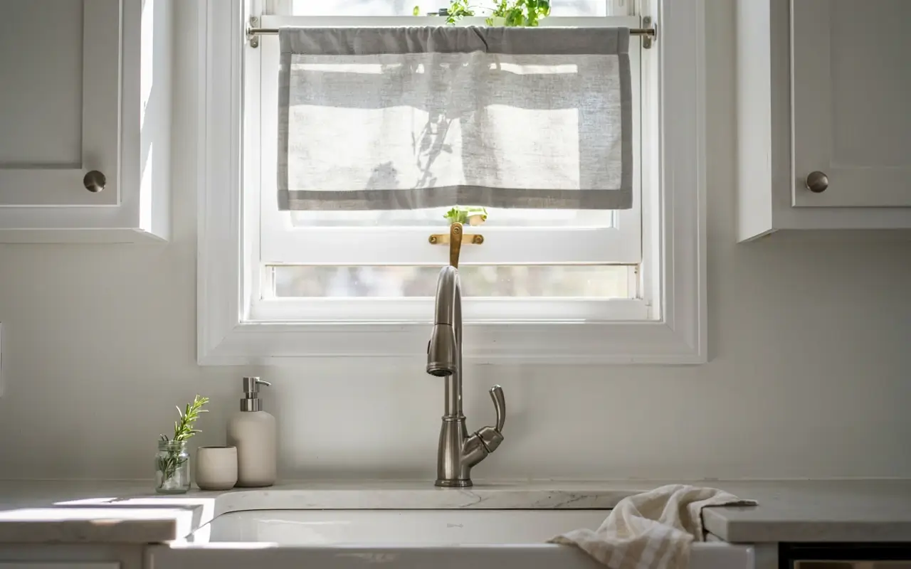 Gray café curtain hung high above a kitchen sink window, clearing the brass crank and tall faucet.