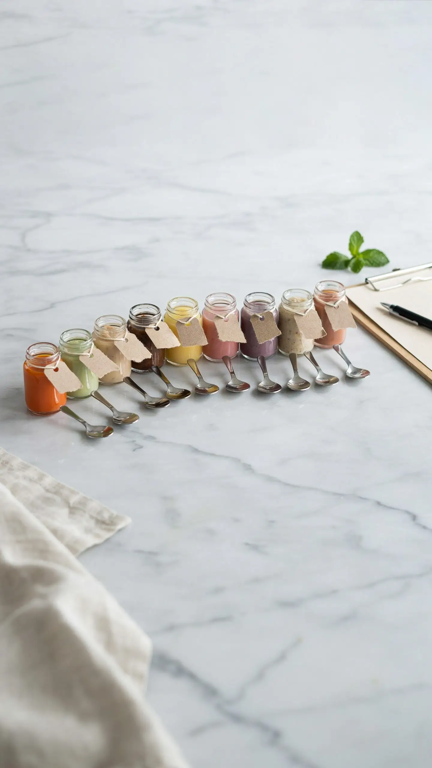 A rainbow of nine colorful organic baby food purees in glass jars, each paired with a tasting spoon and a blank brown kraft label, displayed on a white marble counter alongside a clipboard, pen, and fresh mint for a sensory weaning activity. 
