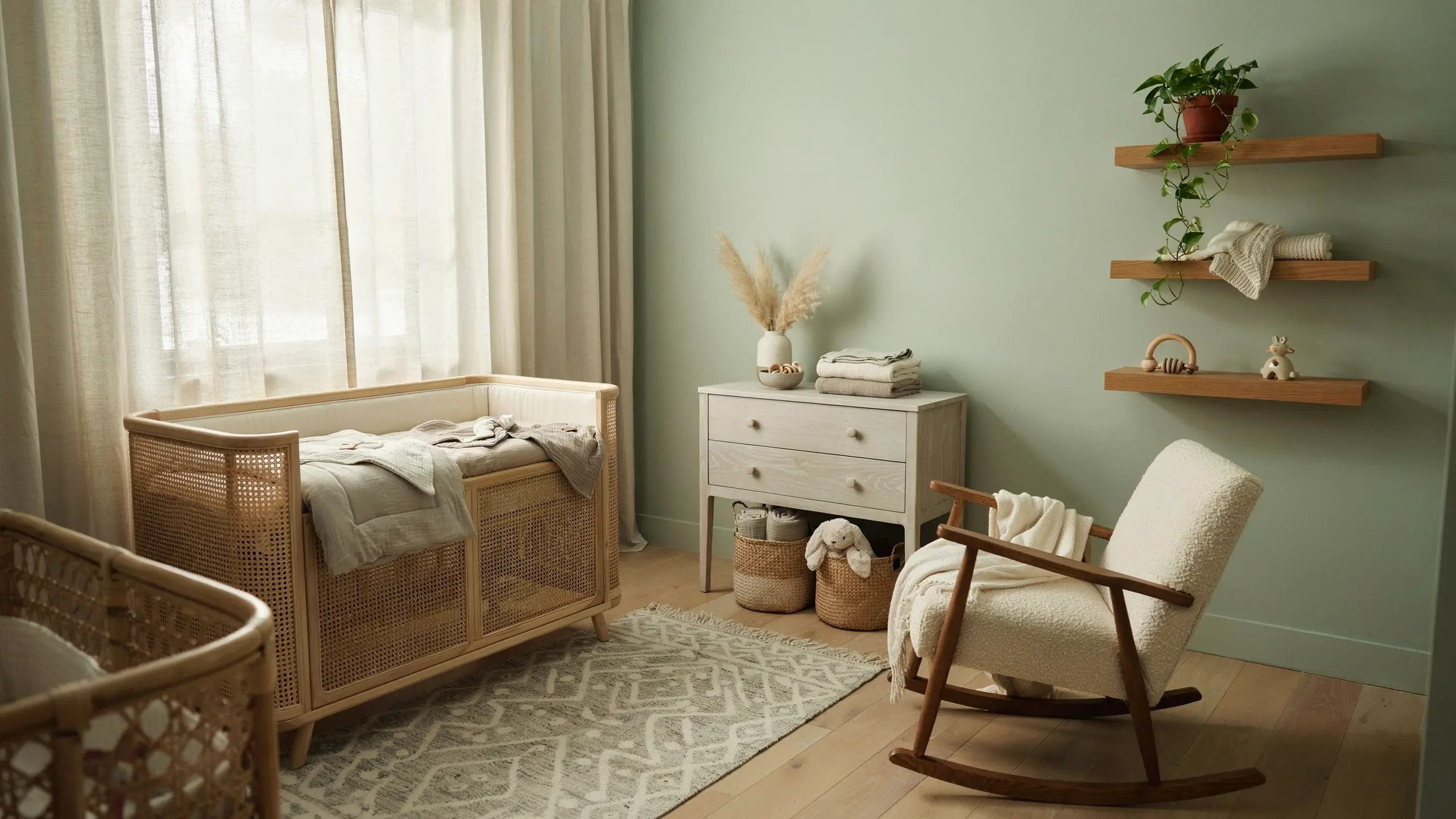 Minimalist nursery with sage green walls, a rattan crib, and a cream rocking chair showcasing mixed warm and cool wood tones for a balanced interior.