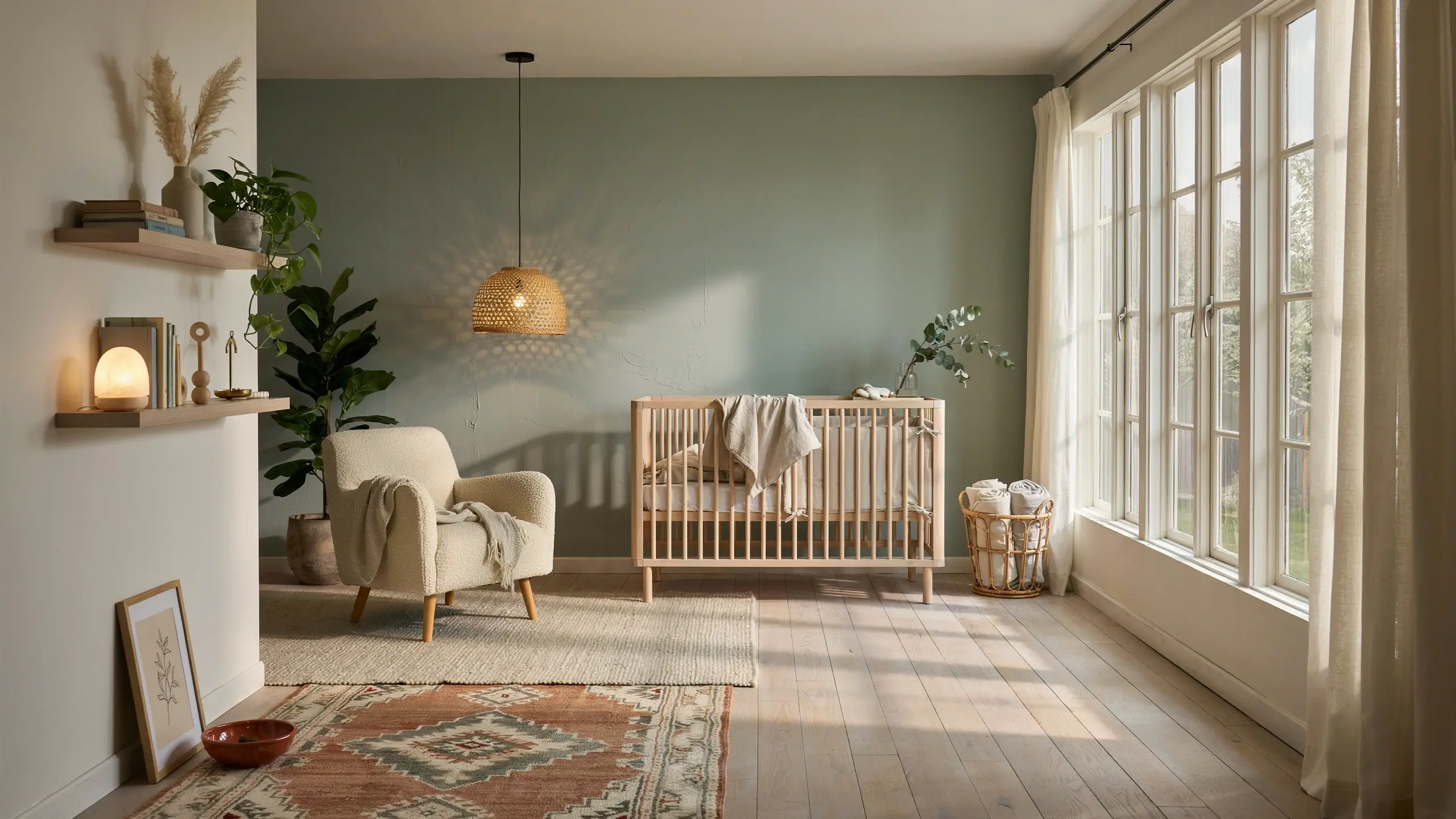Minimalist nursery featuring sage green wall, open wood shelving, light oak crib, and a rattan pendant light with natural sunlight.