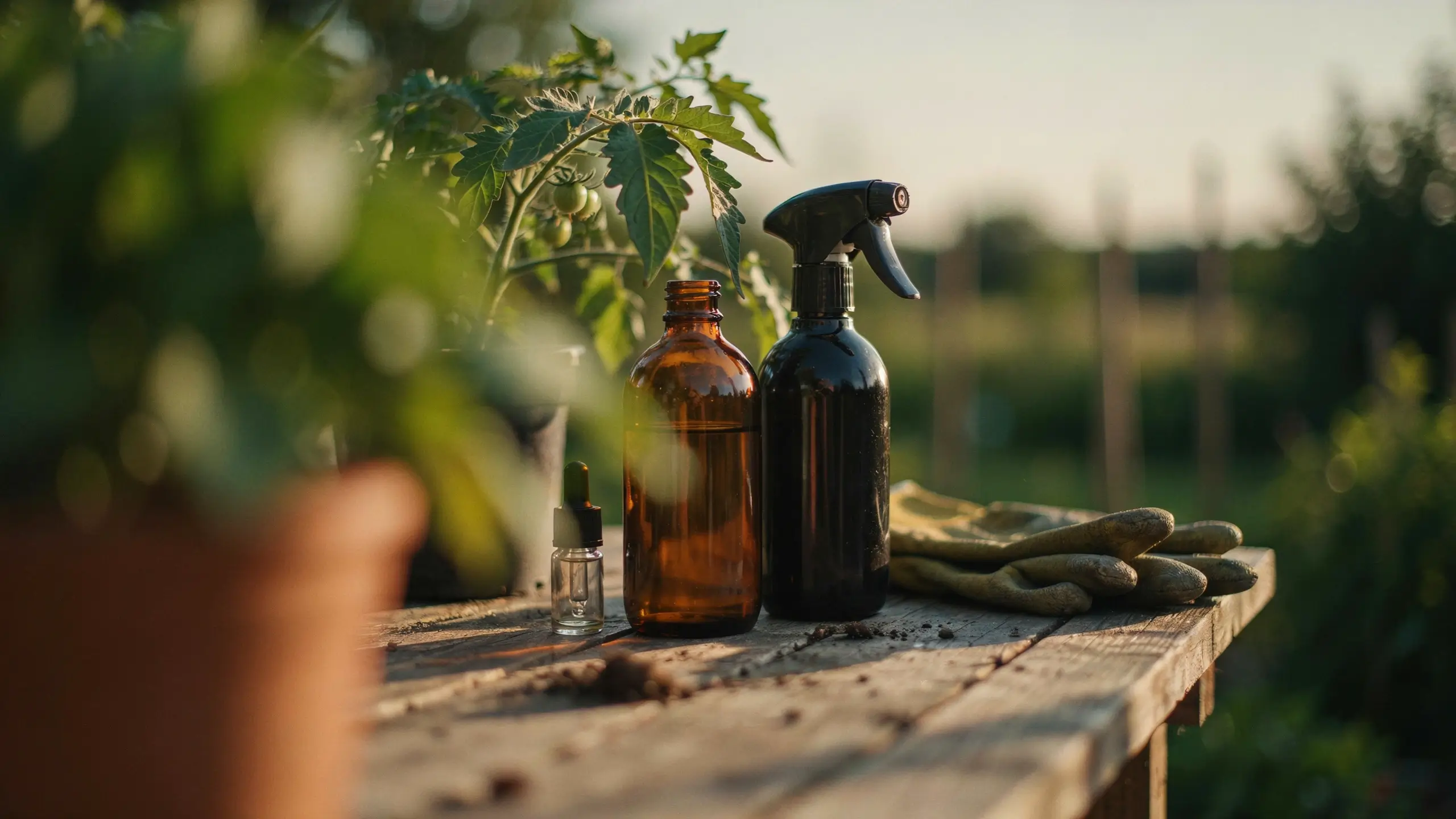 Amber glass neem oil spray bottles and gardening gloves on a wooden table near a tomato plant for organic pest control. 