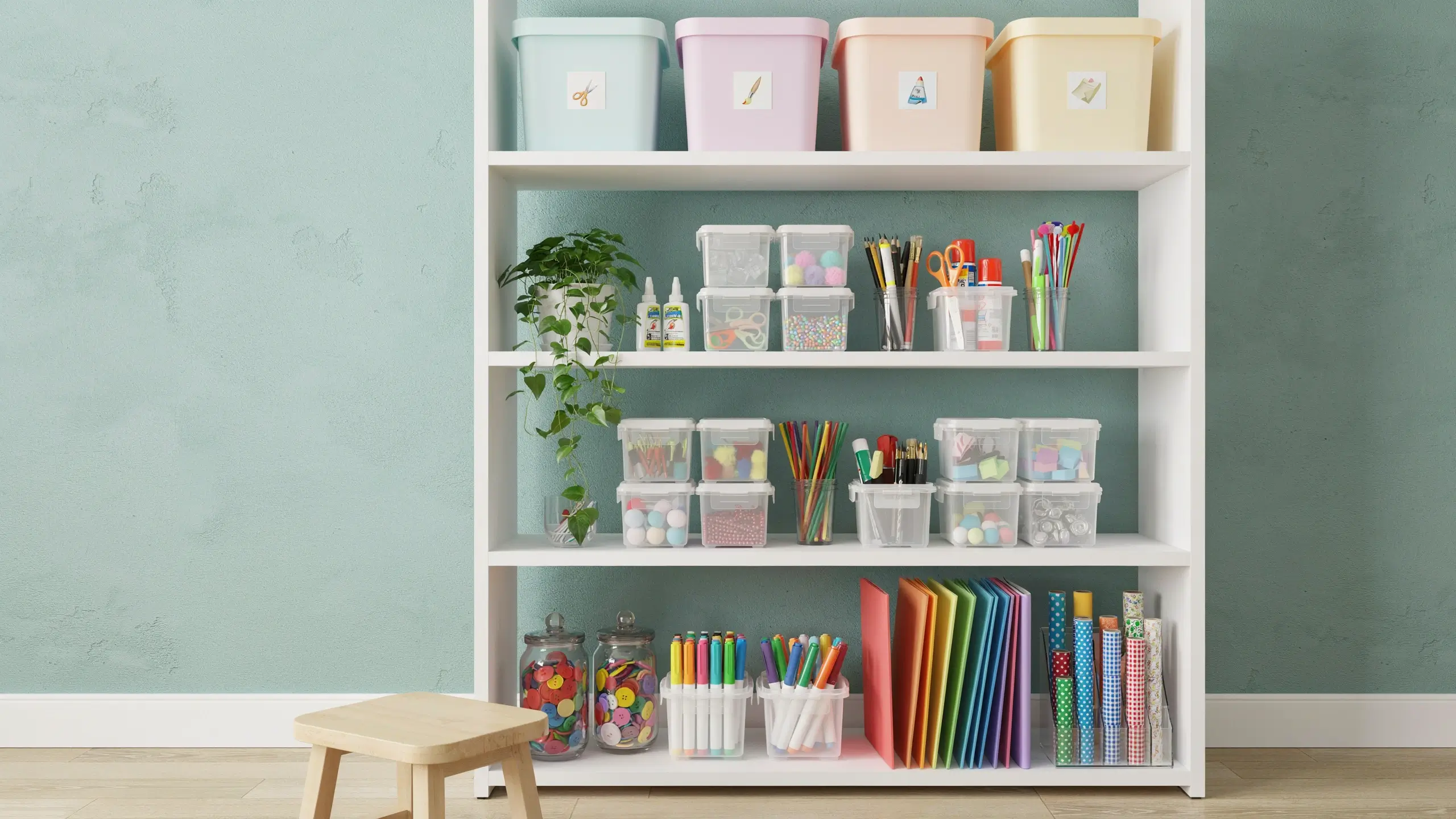 White organized craft storage shelf with pastel bins, clear acrylic containers, markers, and colorful paper against a teal wall with a wooden stool.